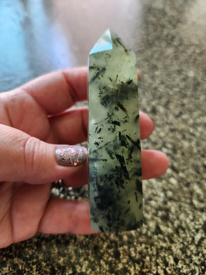 Prehnite with Epidote Crystal Tower: Half Polish Point