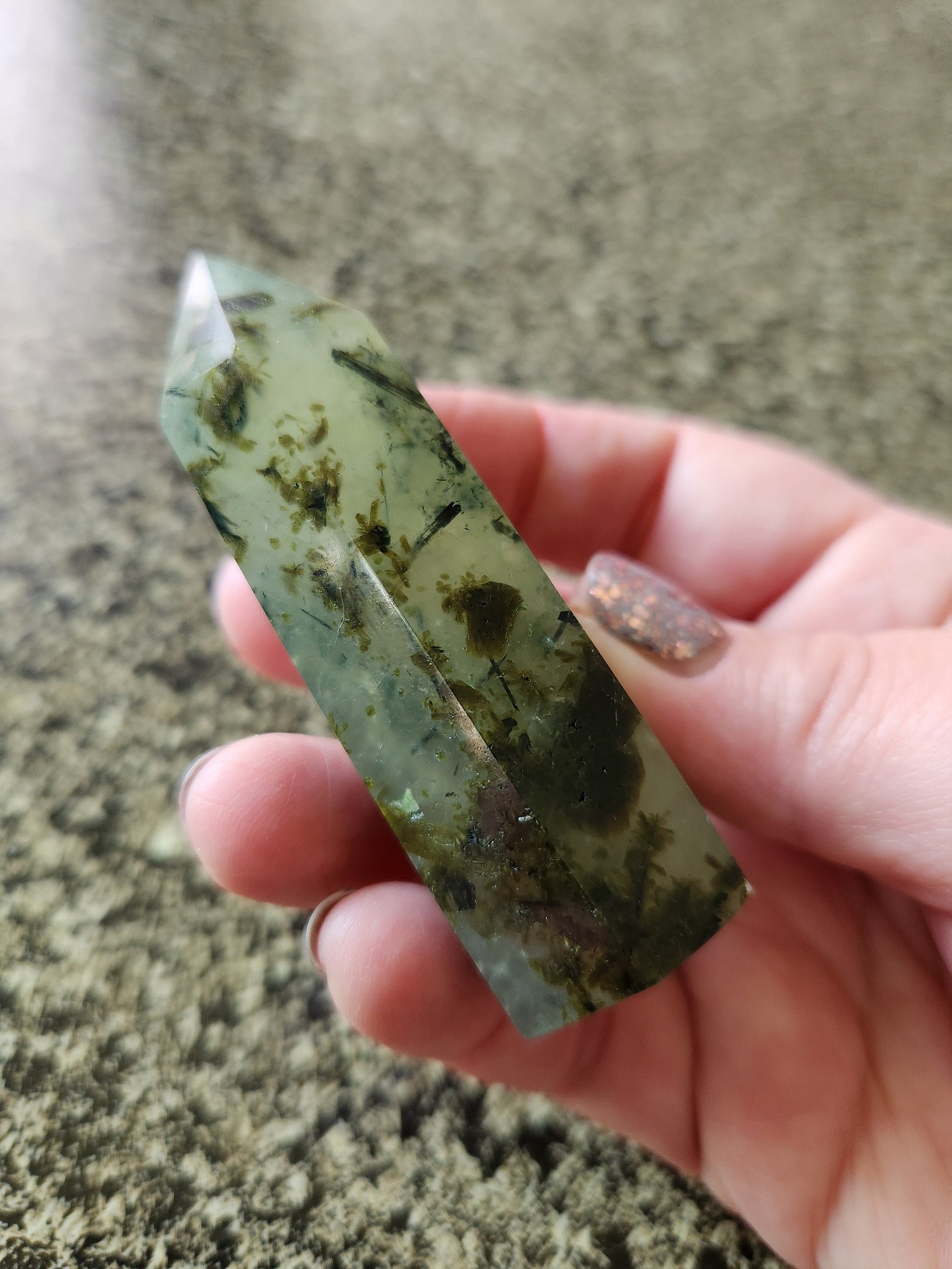 Beautiful High Quality Prehnite with Epidote Crystal, Half Polish Point, Tower