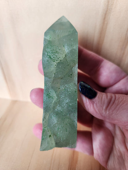Prehnite with Epidote Crystal Tower: Half Polish Point