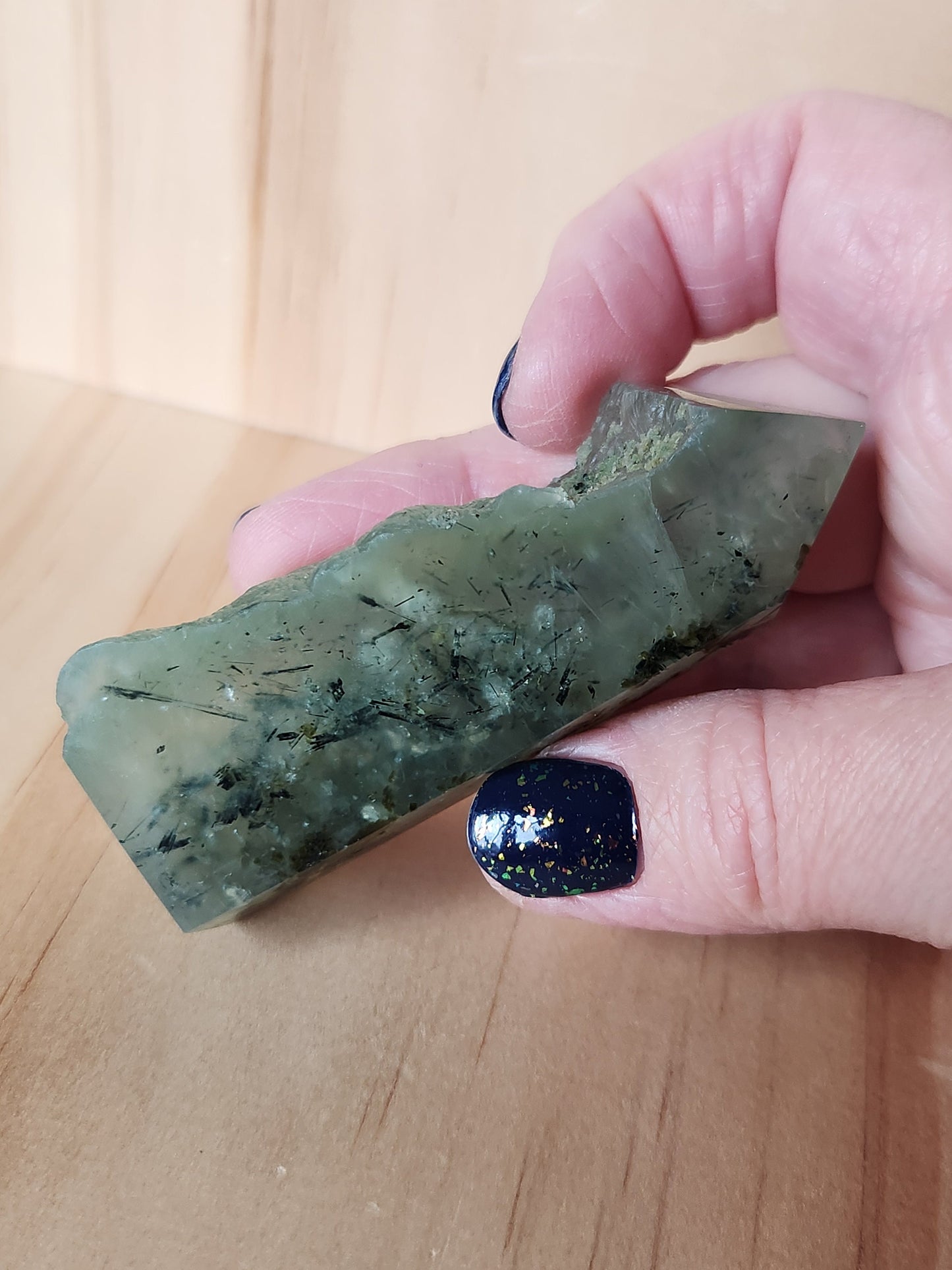 Beautiful High Quality Prehnite with Epidote Crystal, Half Polish Point, Tower