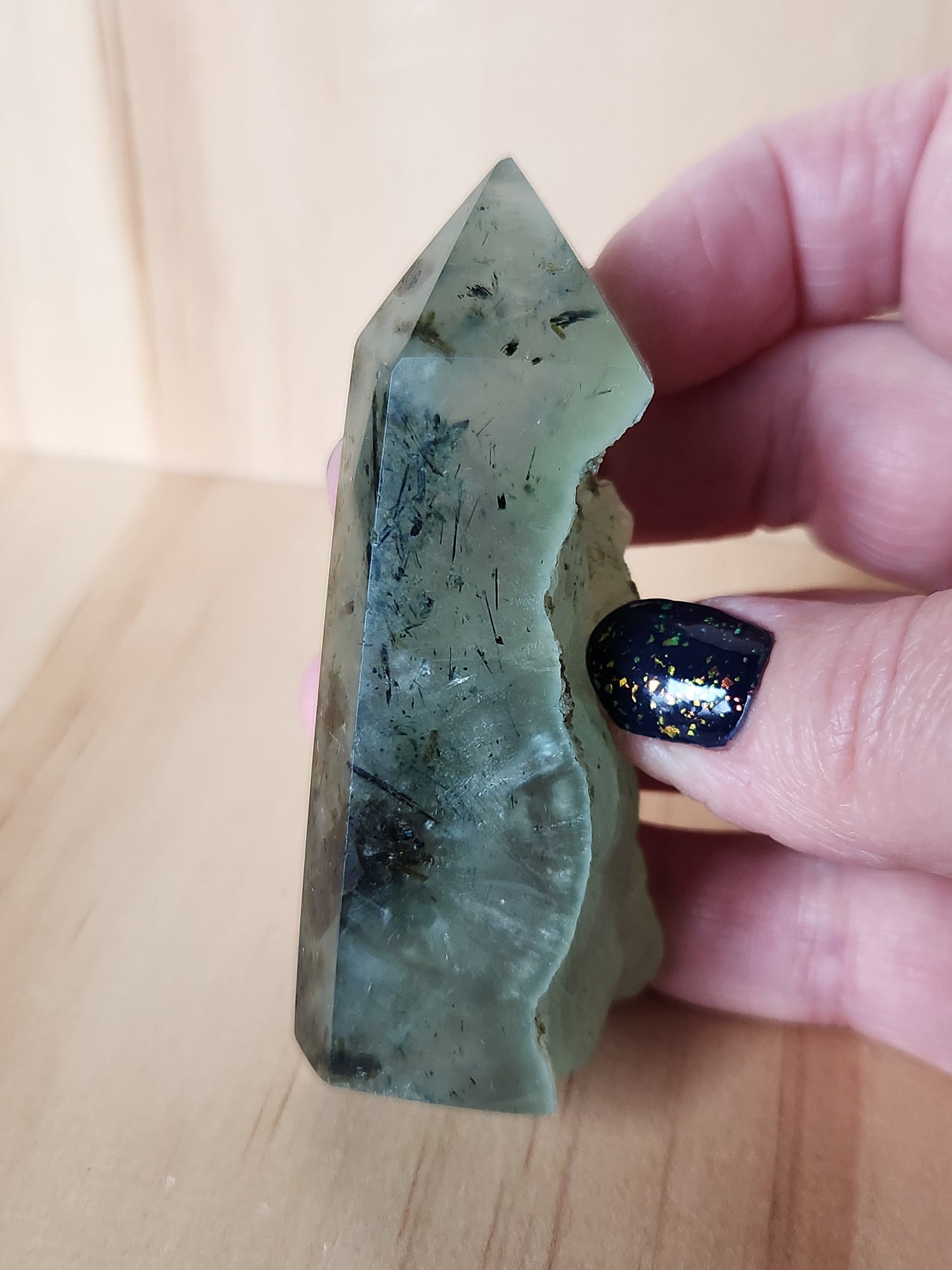 Beautiful High Quality Prehnite with Epidote Crystal, Half Polish Point, Tower