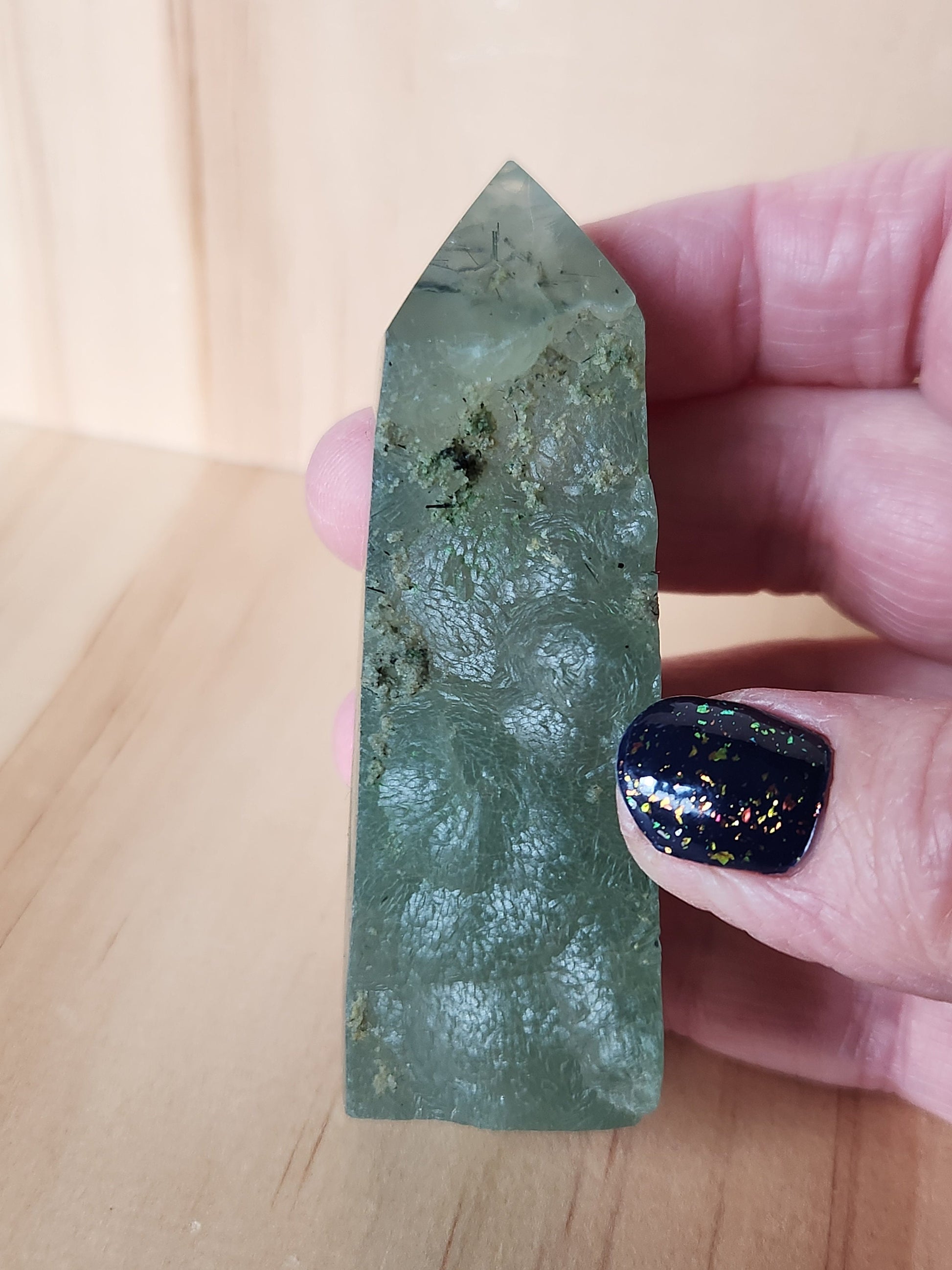 Beautiful High Quality Prehnite with Epidote Crystal, Half Polish Point, Tower