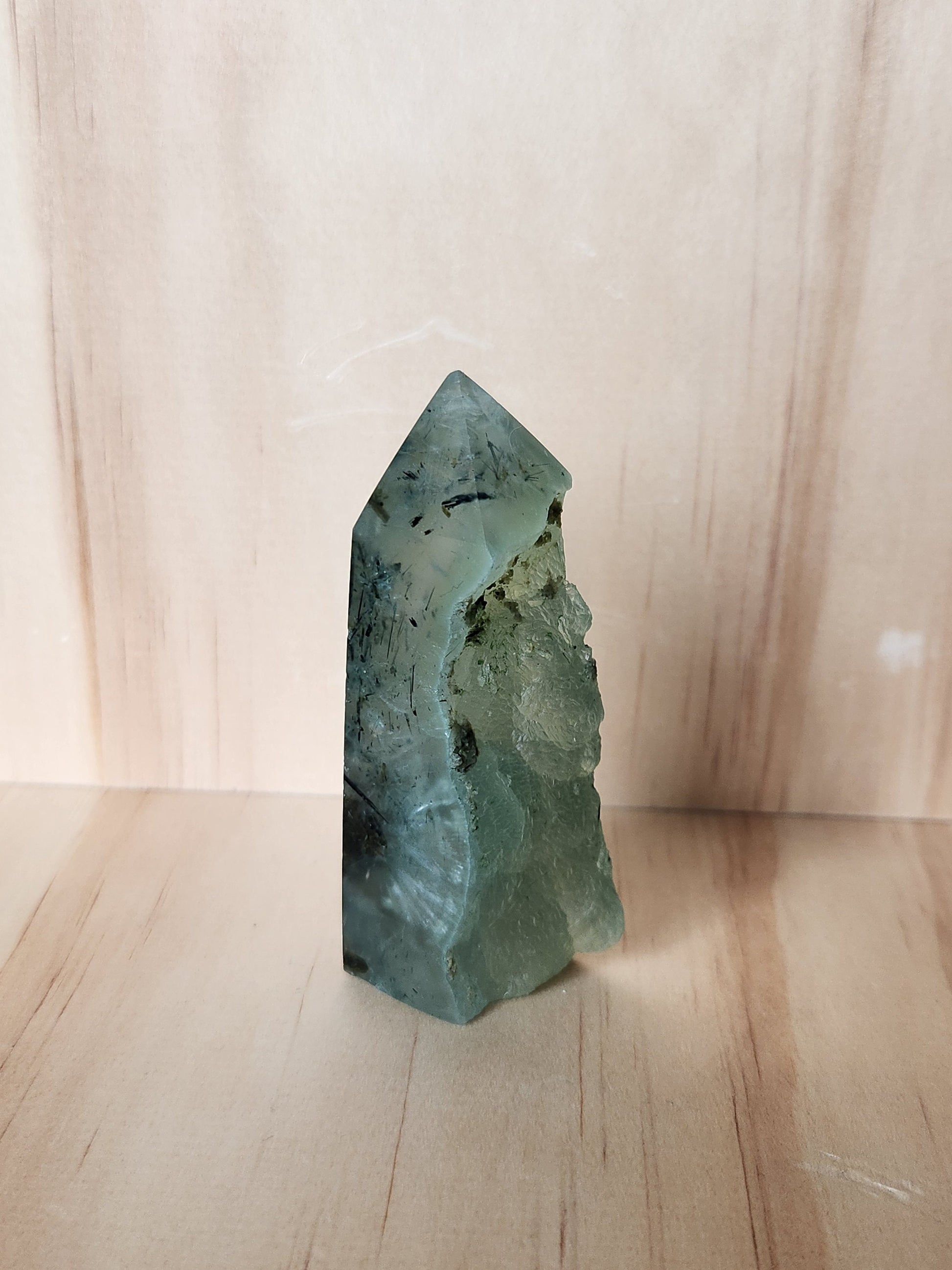 Beautiful High Quality Prehnite with Epidote Crystal, Half Polish Point, Tower