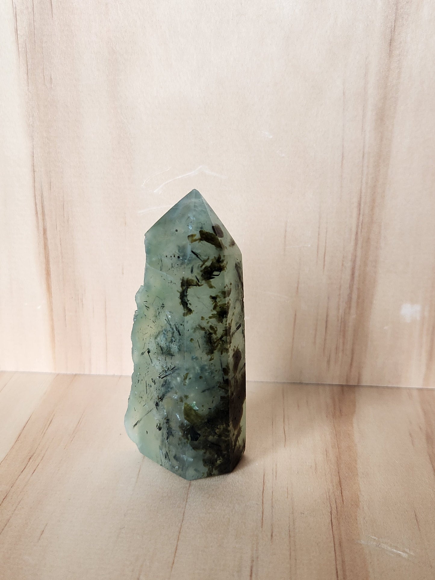 Beautiful High Quality Prehnite with Epidote Crystal, Half Polish Point, Tower