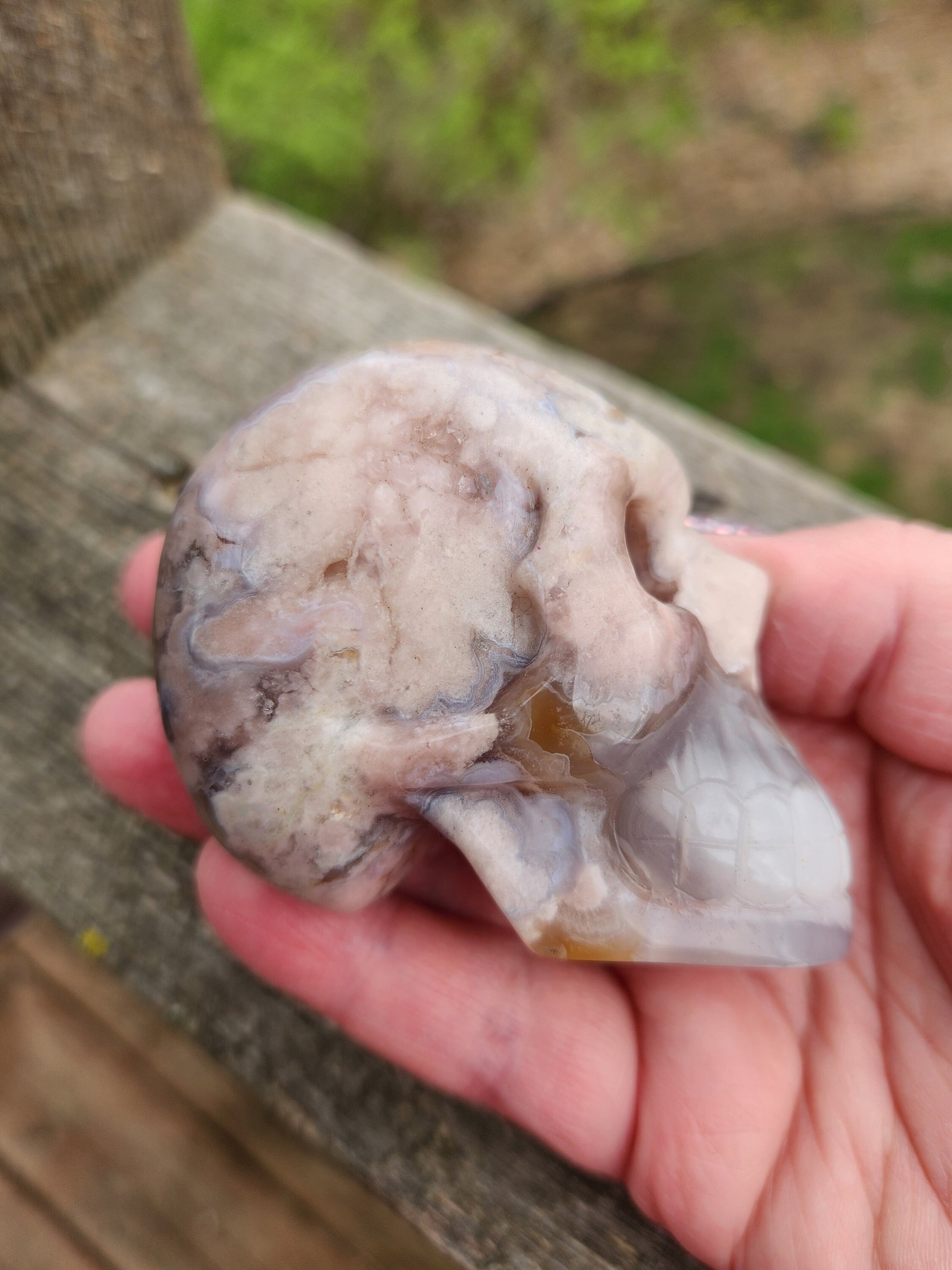 Crazy Cool Scary Flower Agate Crystal Skull with flower plumes, Baraka, Long face skull