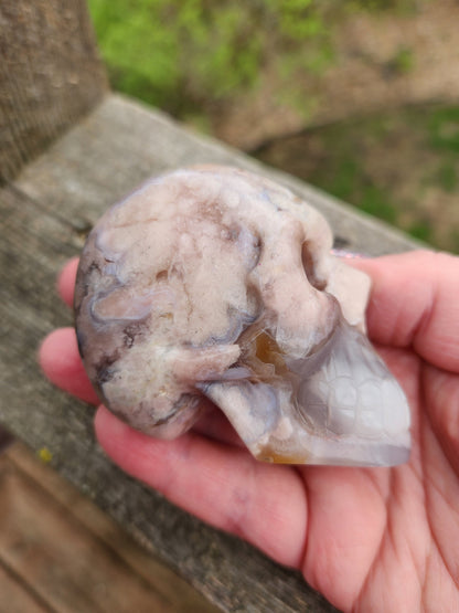 Flower Agate Crystal Skull: Long Face Carving, Baraka, 2.4"