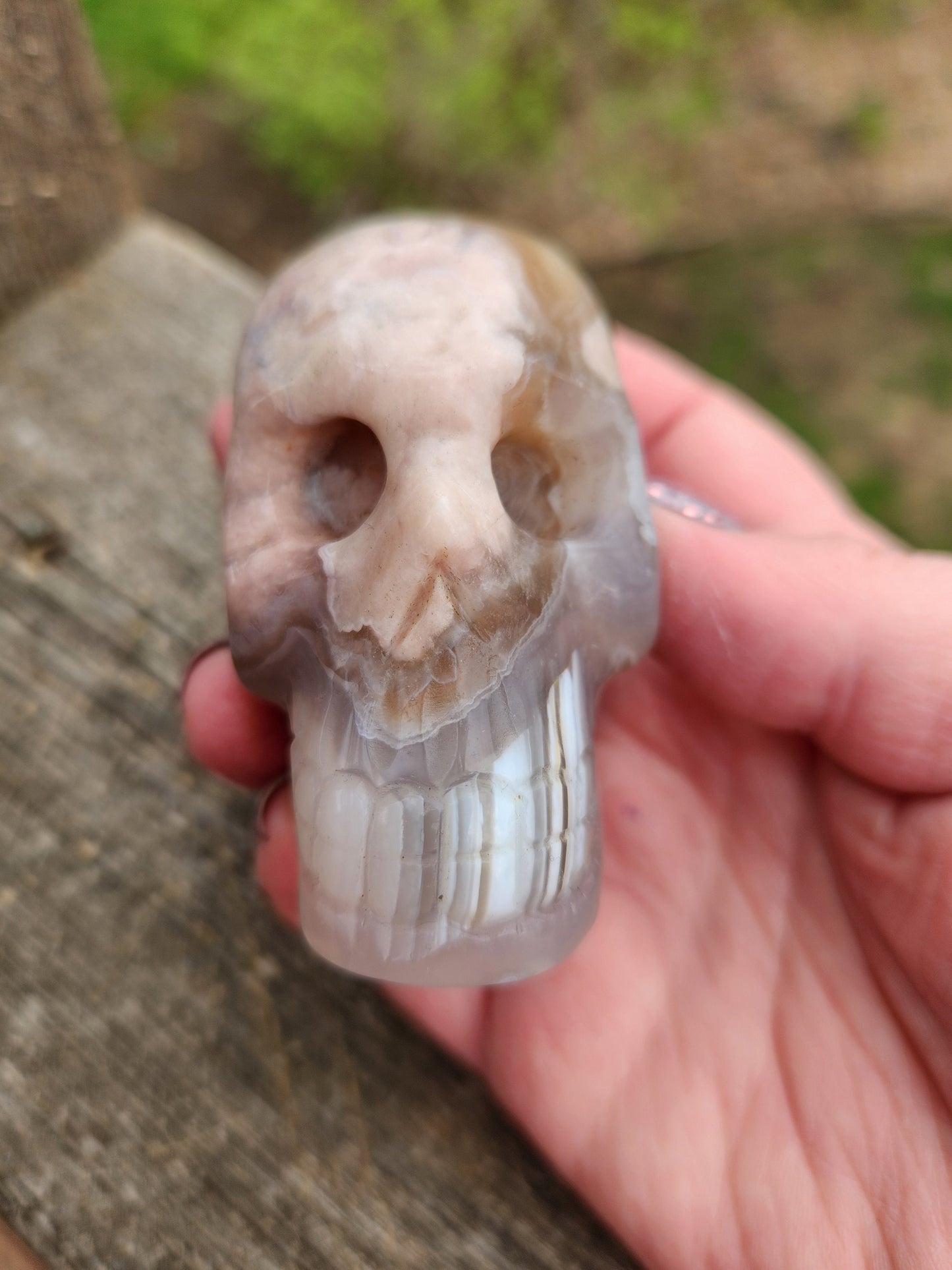 Flower Agate Crystal Skull: Long Face Carving, Baraka, 2.4"