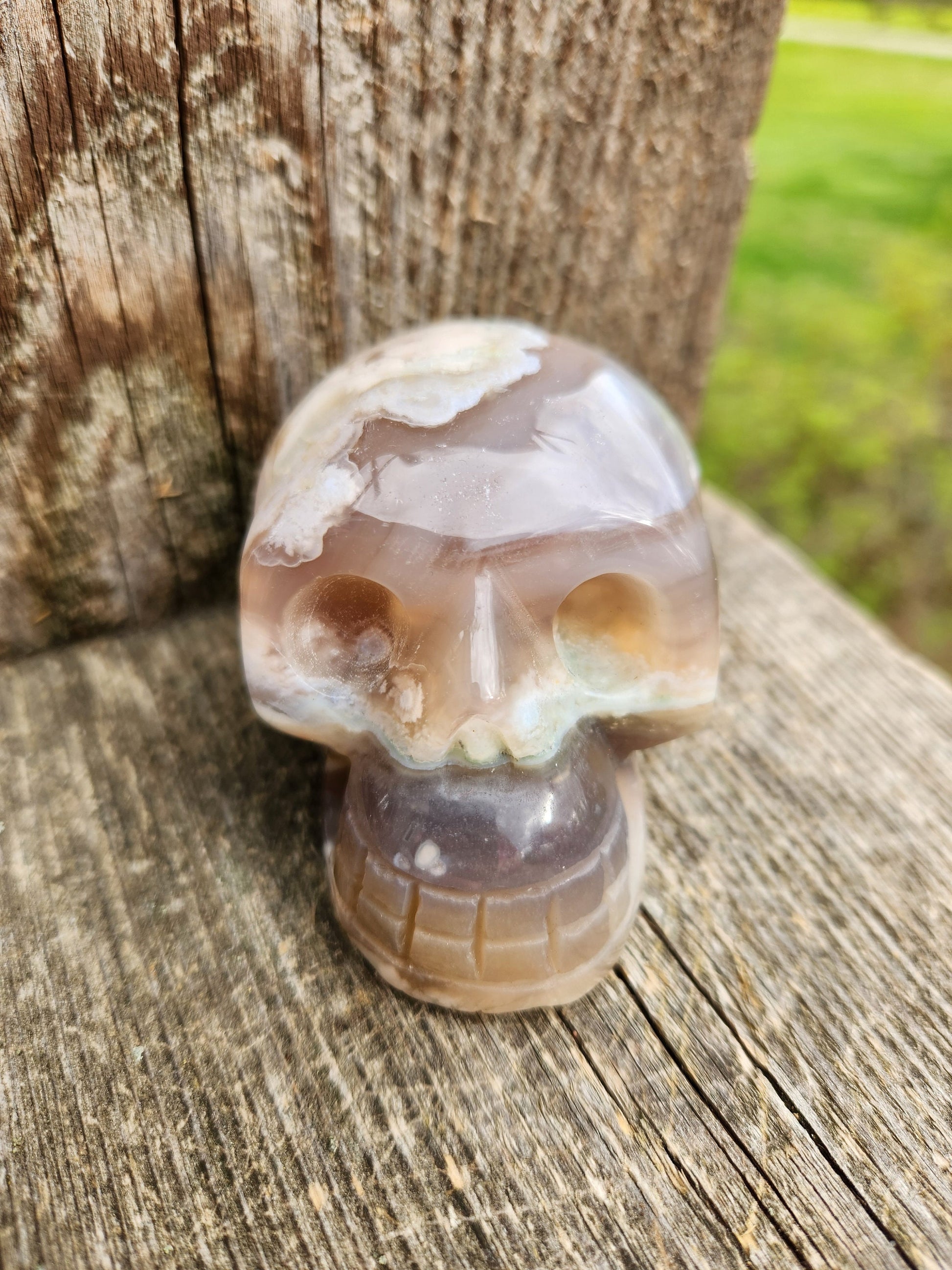 Crazy Cool Scary AAA Flower Agate Crystal Skull with flower plumes