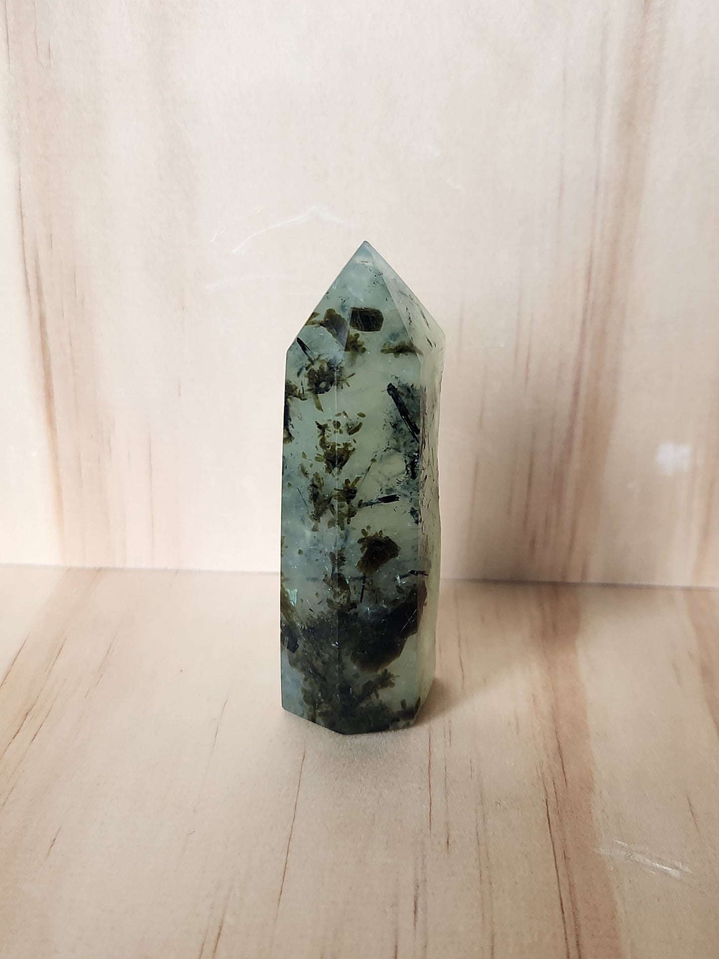 Beautiful High Quality Prehnite with Epidote Crystal, Half Polish Point, Tower