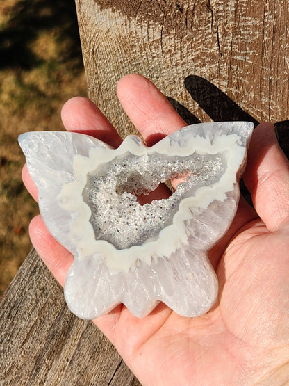 Banded Druzy Agate Butterfly: White & Silver Gray Crystal with Stand