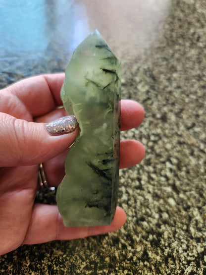 Prehnite with Epidote Crystal Tower: Half Polish Point