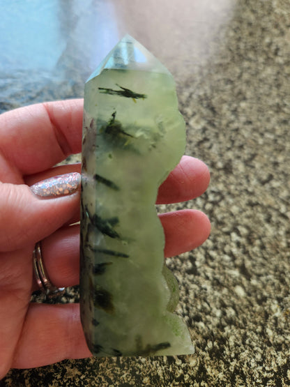 Prehnite with Epidote Crystal Tower: Half Polish Point