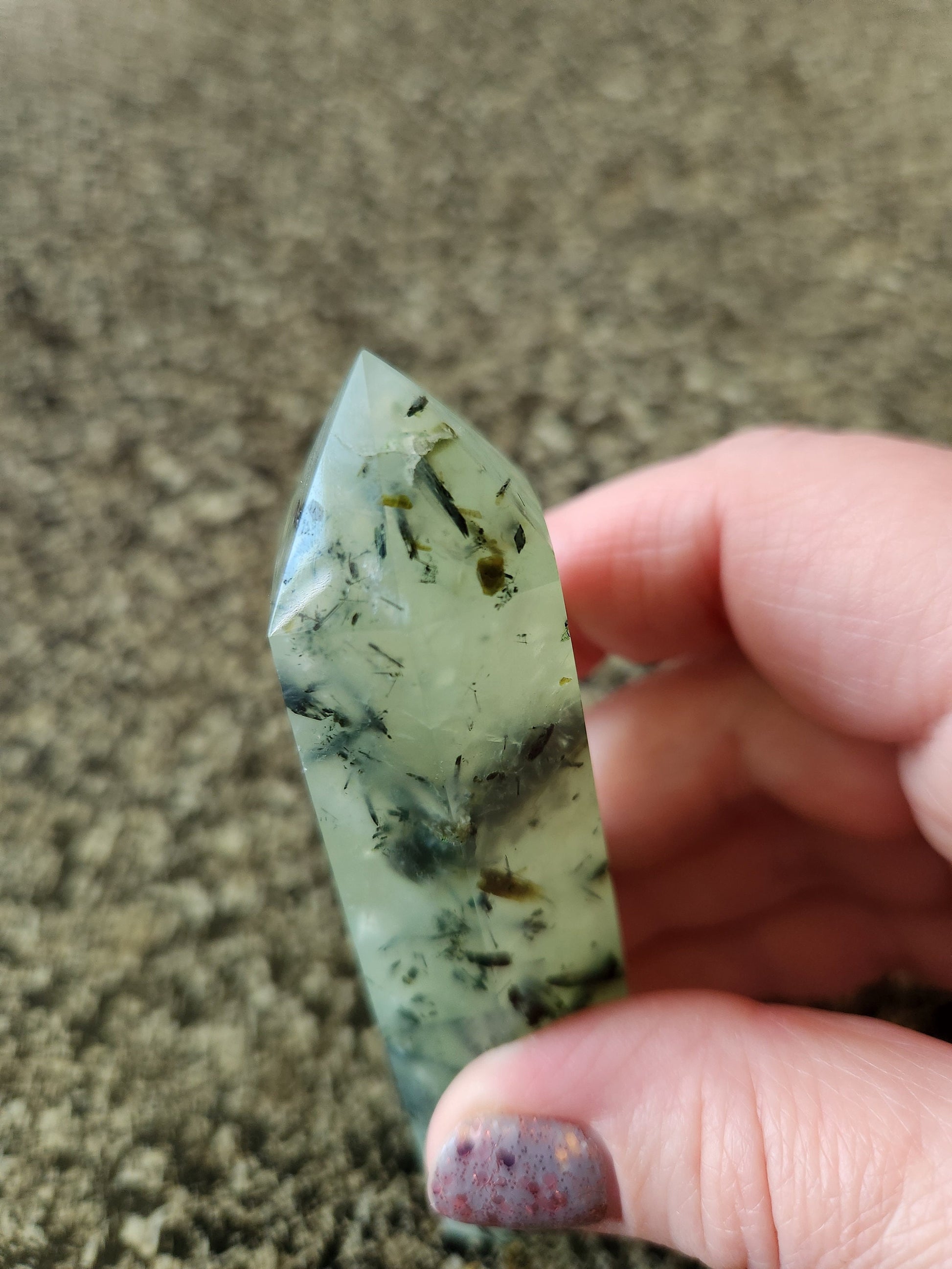 Prehnite with Epidote Crystal Tower: Half Polish Point