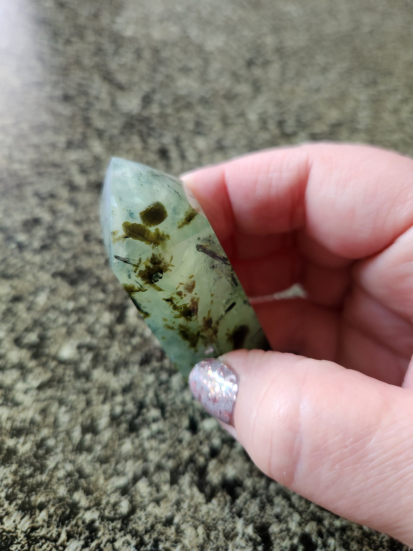 Beautiful High Quality Prehnite with Epidote Crystal, Half Polish Point, Tower