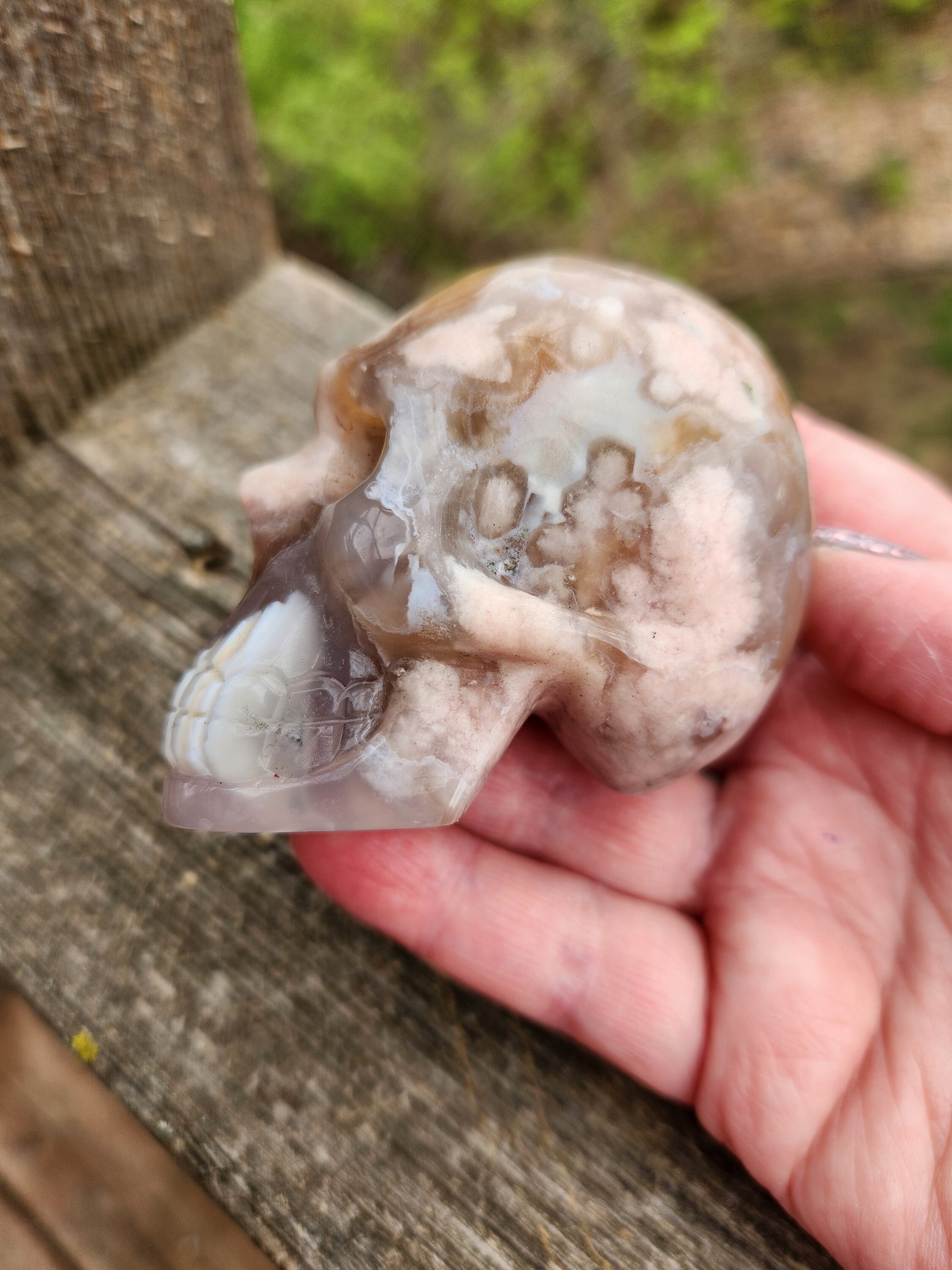 Crazy Cool Scary Flower Agate Crystal Skull with flower plumes, Baraka, Long face skull