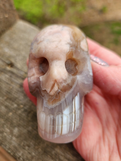 Flower Agate Crystal Skull: Long Face Carving, Baraka, 2.4"