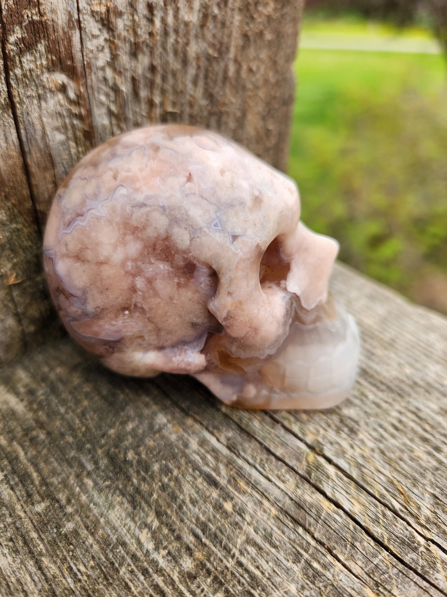 Crazy Cool Scary Flower Agate Crystal Skull with flower plumes, Baraka, Long face skull