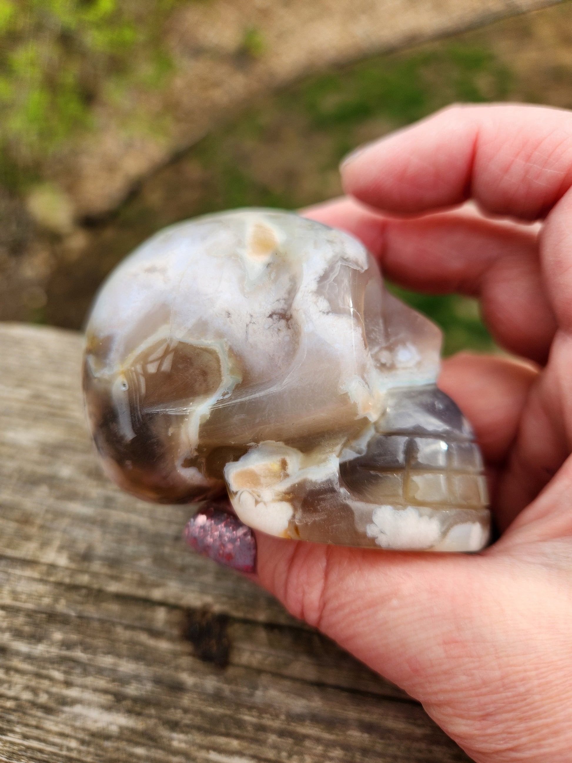 Crazy Cool Scary AAA Flower Agate Crystal Skull with flower plumes