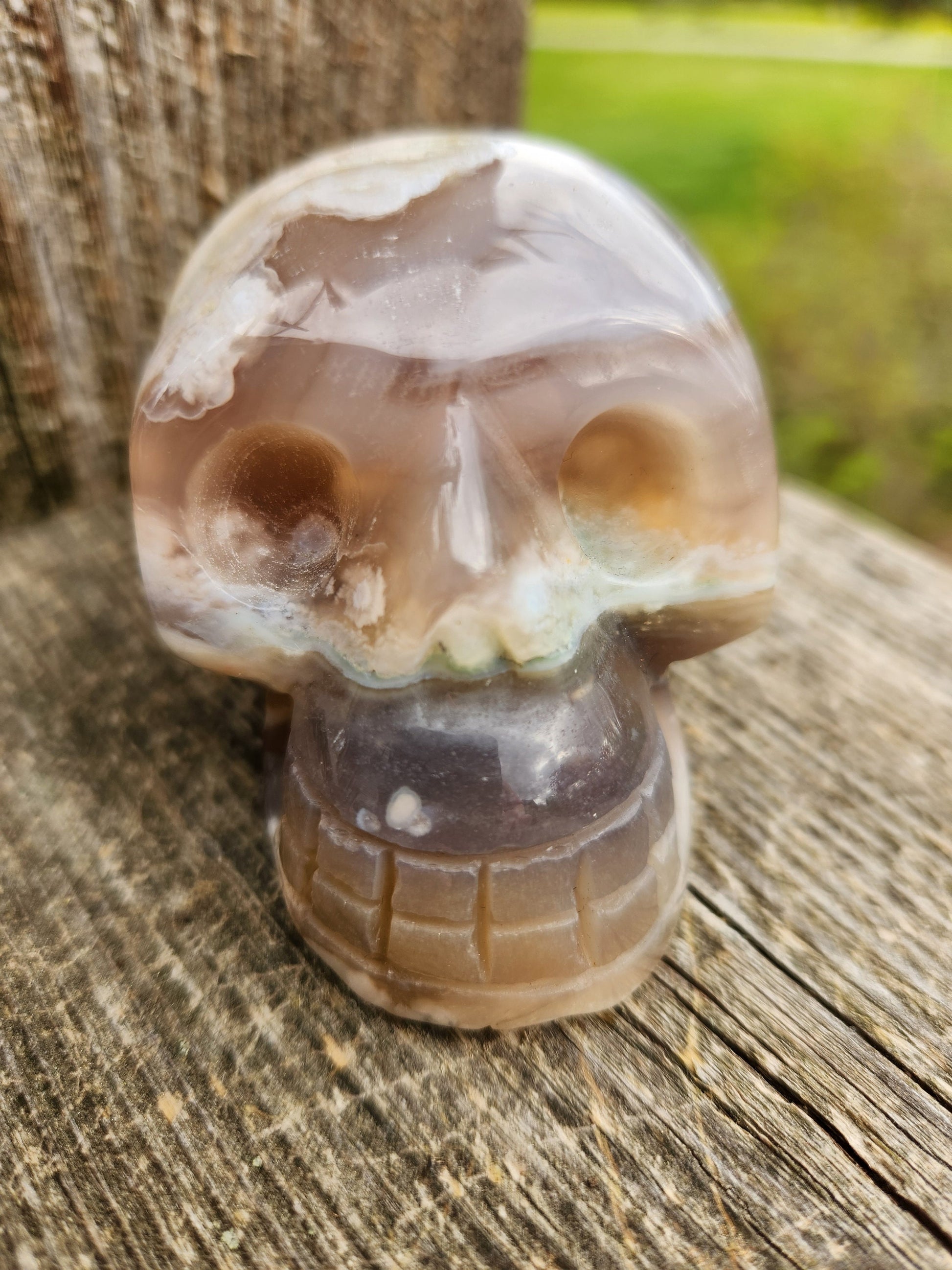 Crazy Cool Scary AAA Flower Agate Crystal Skull with flower plumes