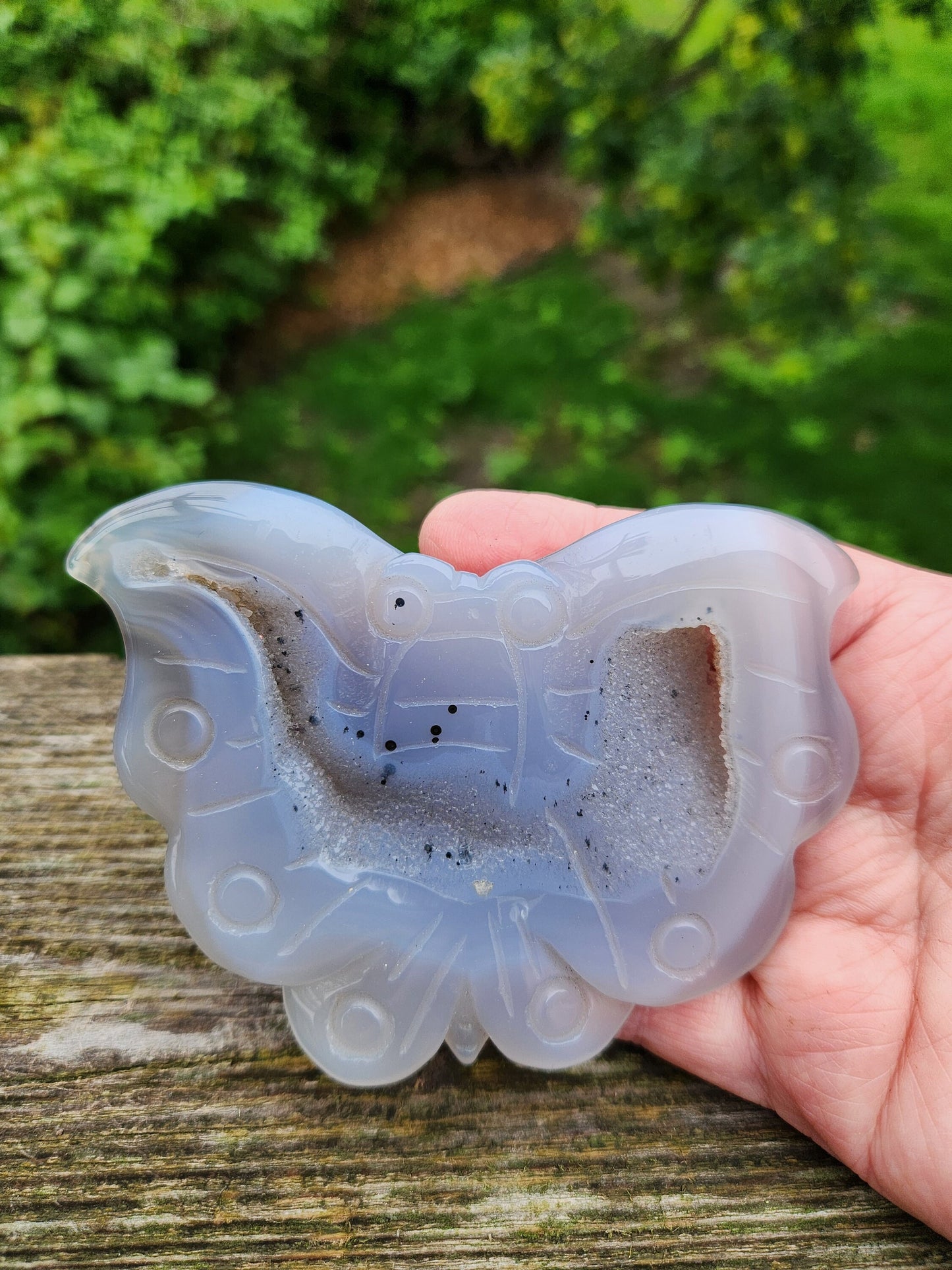 Unique Carved Druzy Agate Crystal Butterfly with a Druzy Portal, with stand