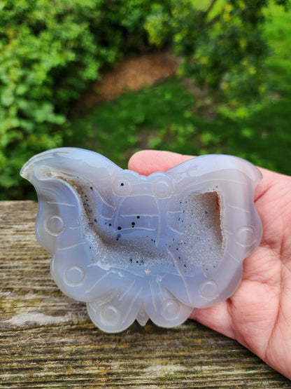 Carved Druzy Agate Crystal Butterfly with Stand