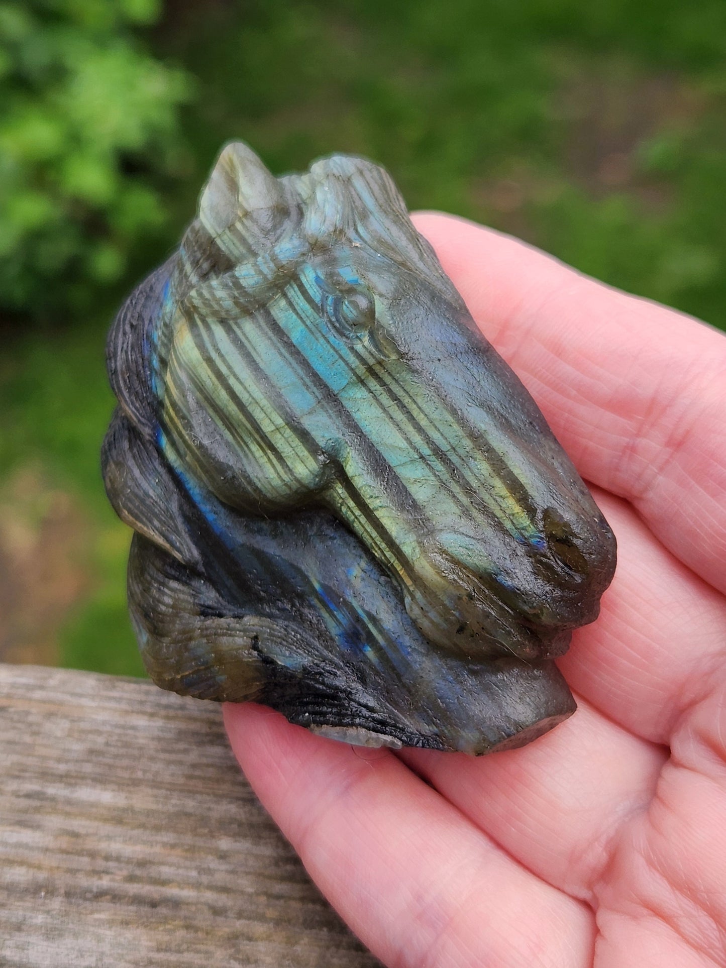 Very Unique Labradorite Horse Head Carved Crystal with flash, Palm Sized