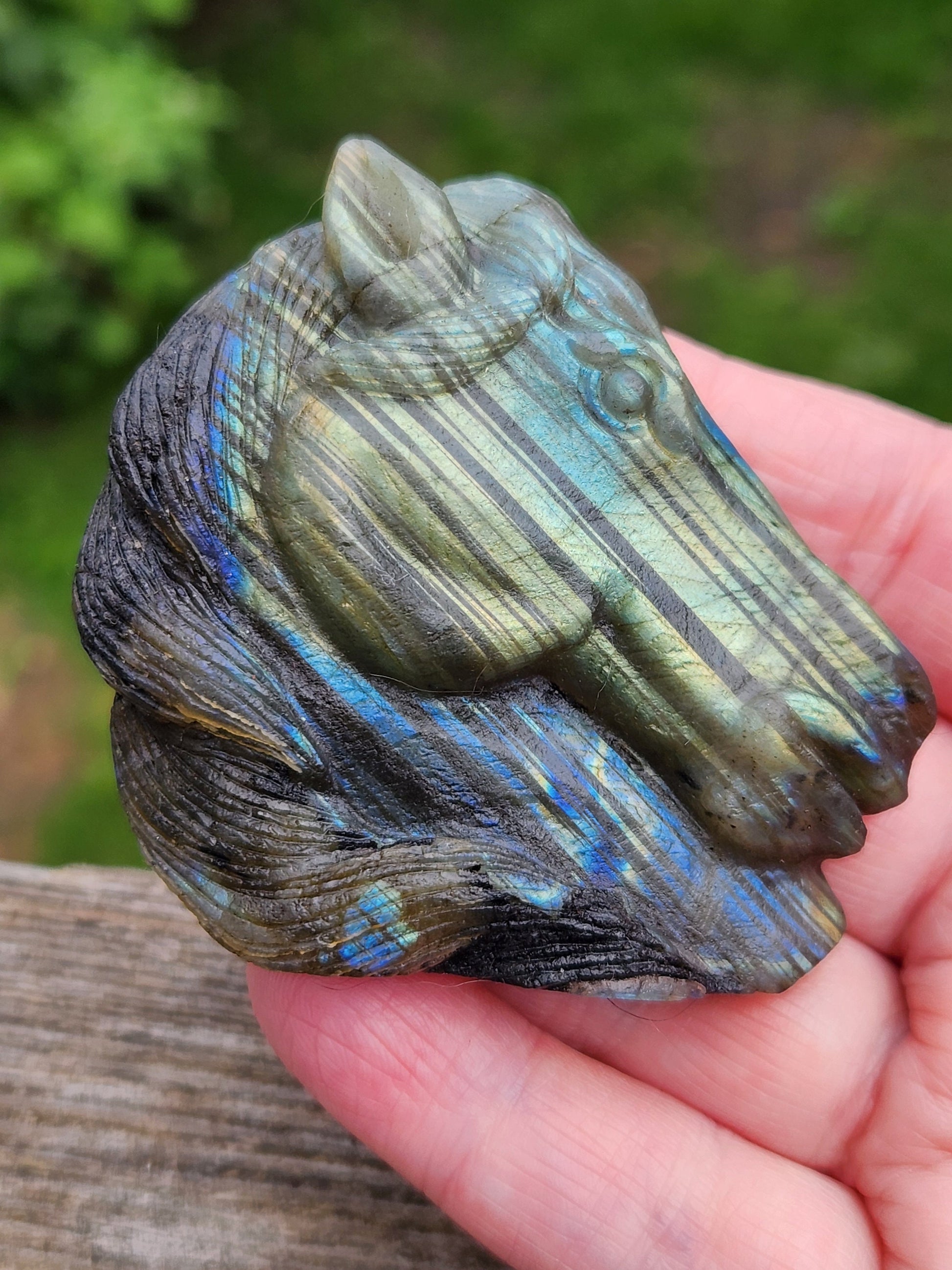 Very Unique Labradorite Horse Head Carved Crystal with flash, Palm Sized