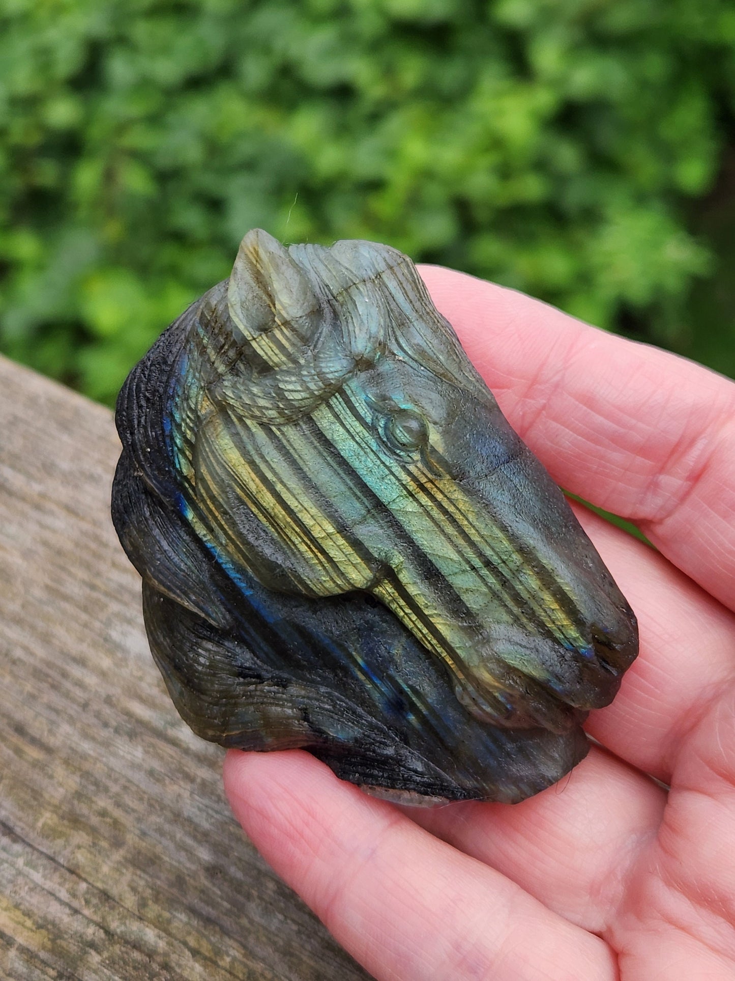 Very Unique Labradorite Horse Head Carved Crystal with flash, Palm Sized