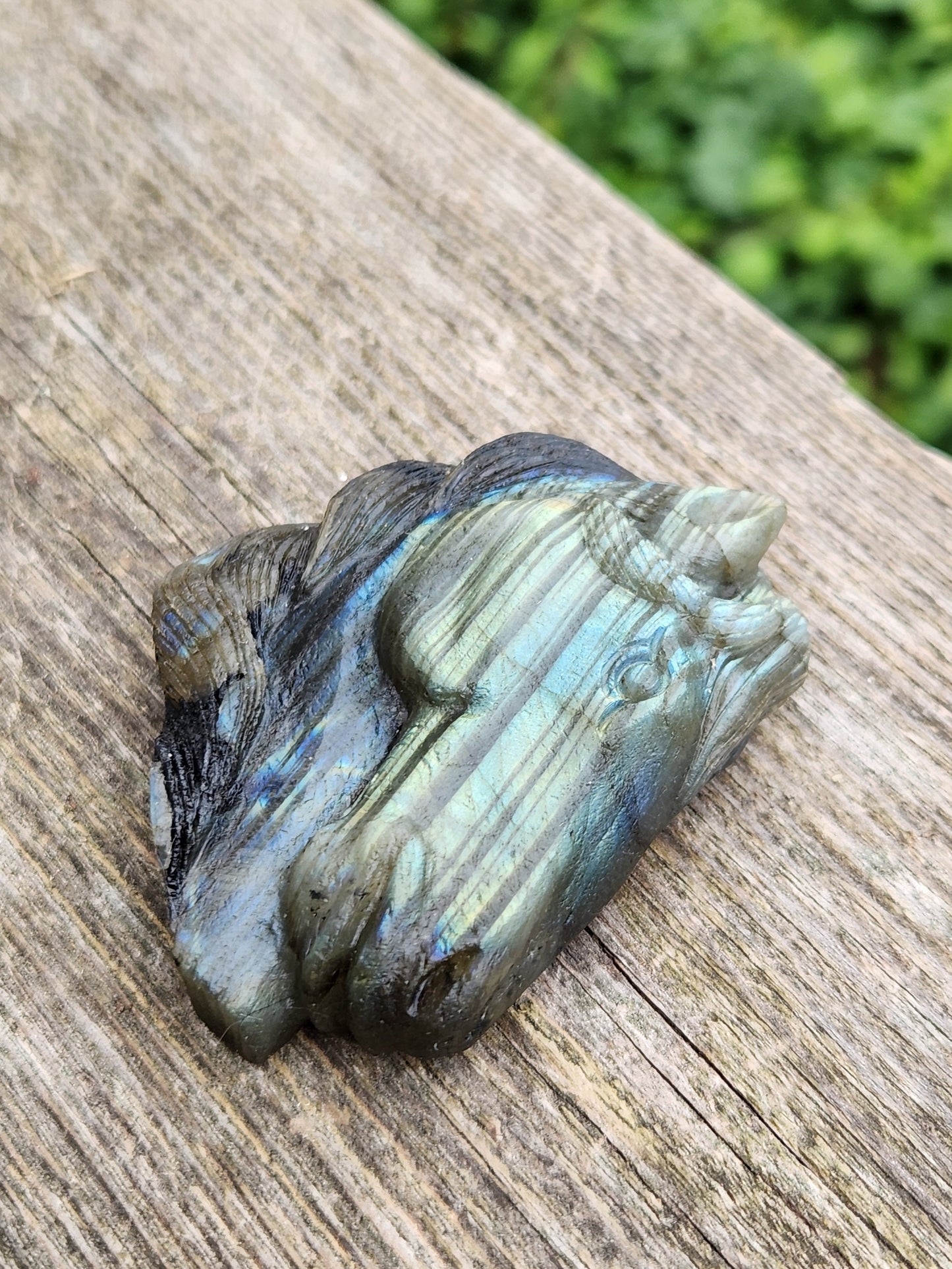 Very Unique Labradorite Horse Head Carved Crystal with flash, Palm Sized