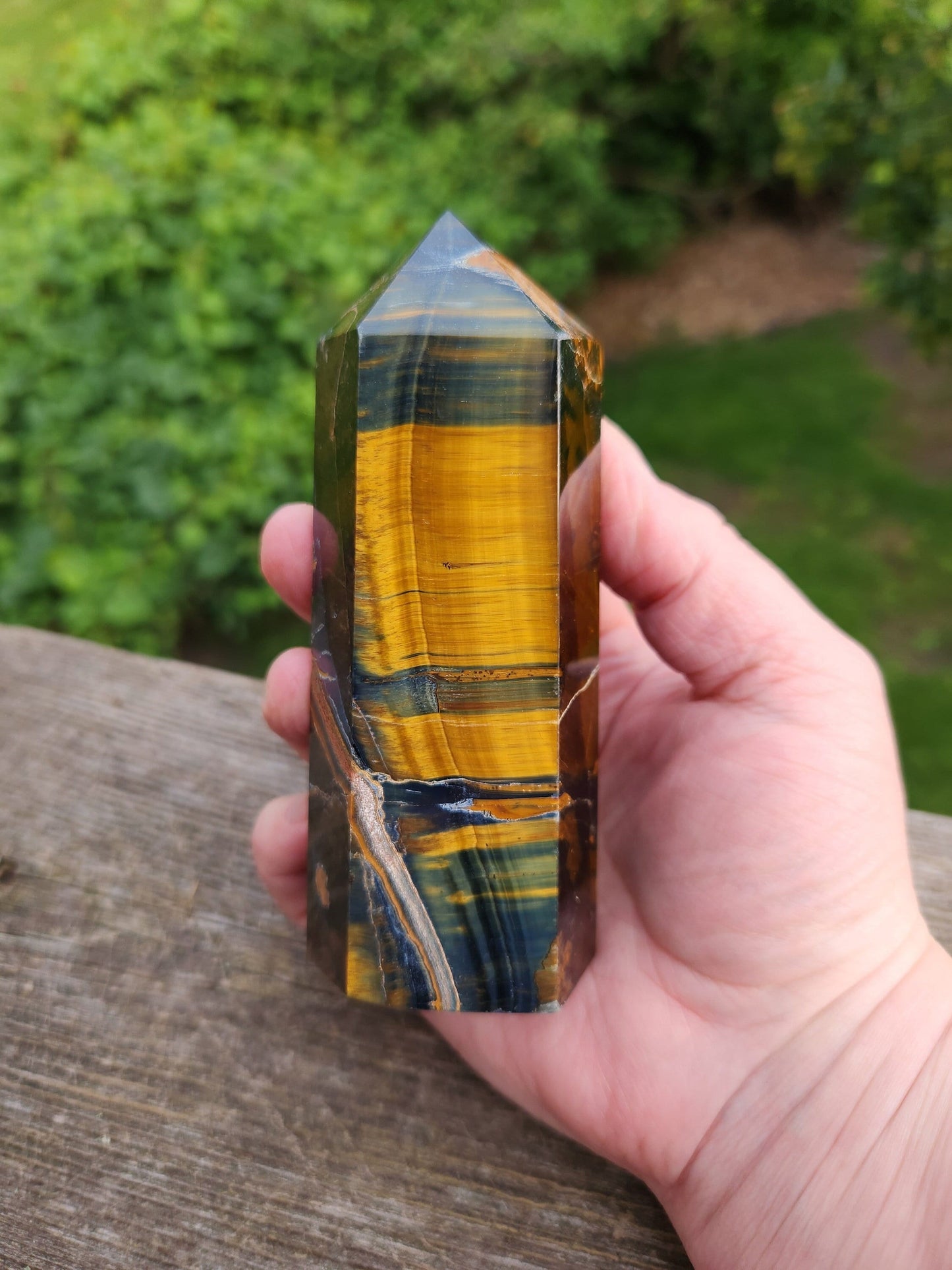 Gorgeous Juicy Blue Tigers Eye Tower Crystal, Stone with Golden Shimmer, 6 Point, Generator