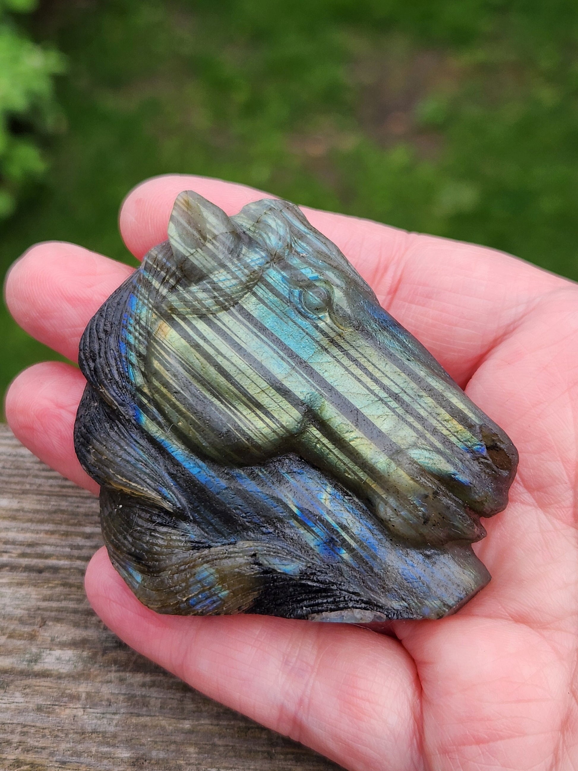 Very Unique Labradorite Horse Head Carved Crystal with flash, Palm Sized