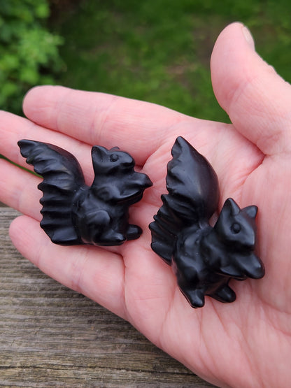 Hand Carved Black Obsidian Squirrel Crystal Figurine, 1 Squirrel