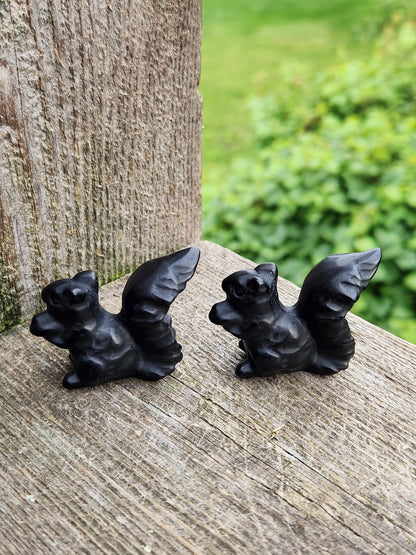 Hand Carved Black Obsidian Squirrel Crystal Figurine, 1 Squirrel