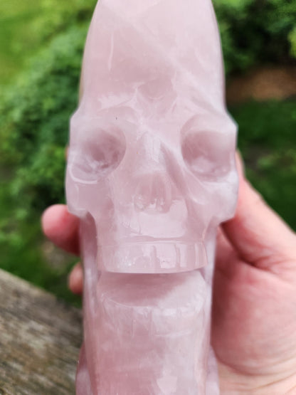 Unique AAA Pink Rose Quartz Crystal Carved Skull Moon,