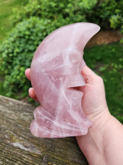 Unique AAA Pink Rose Quartz Crystal Carved Skull Moon,