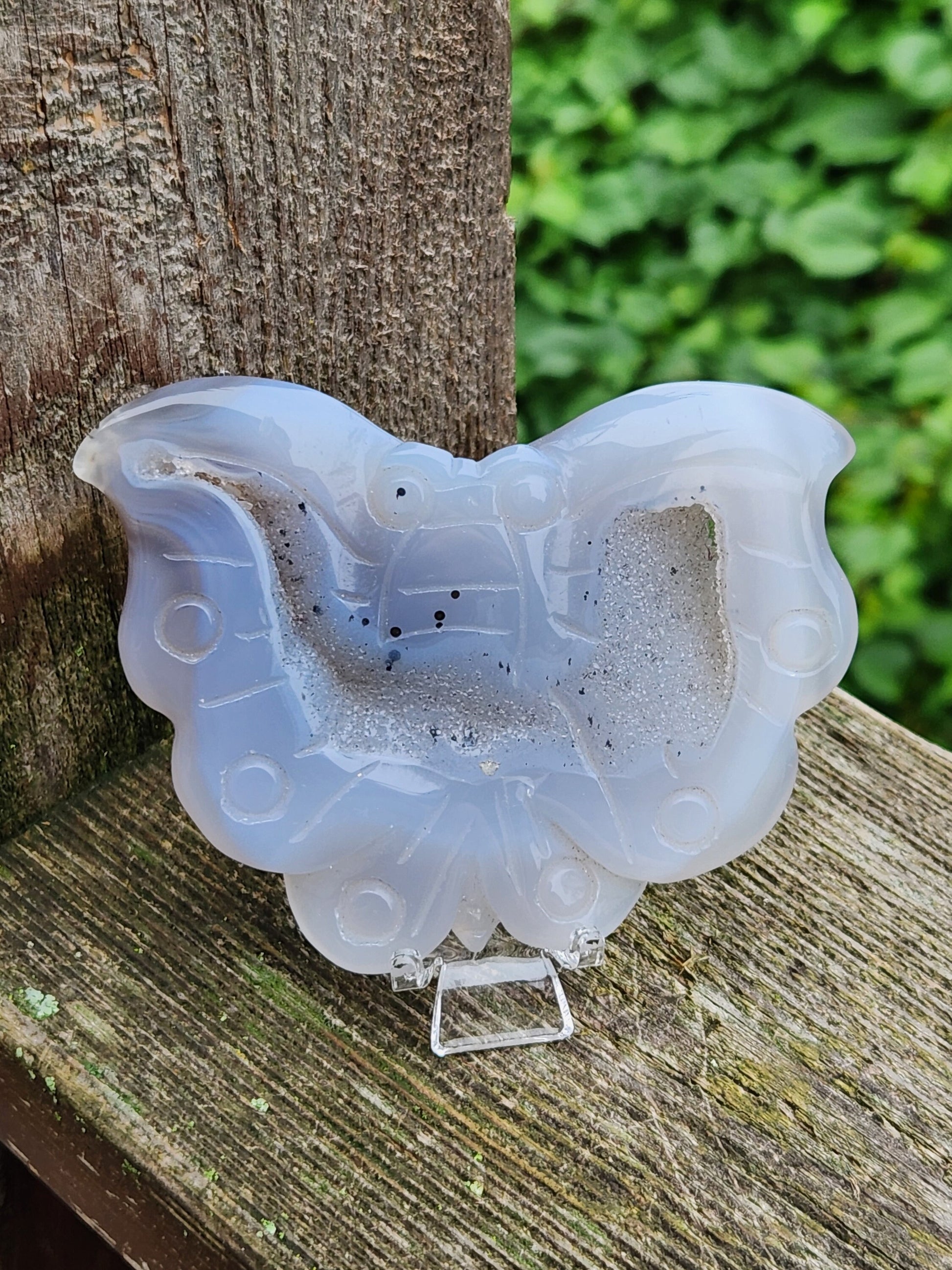 Unique Carved Druzy Agate Crystal Butterfly with a Druzy Portal, with stand