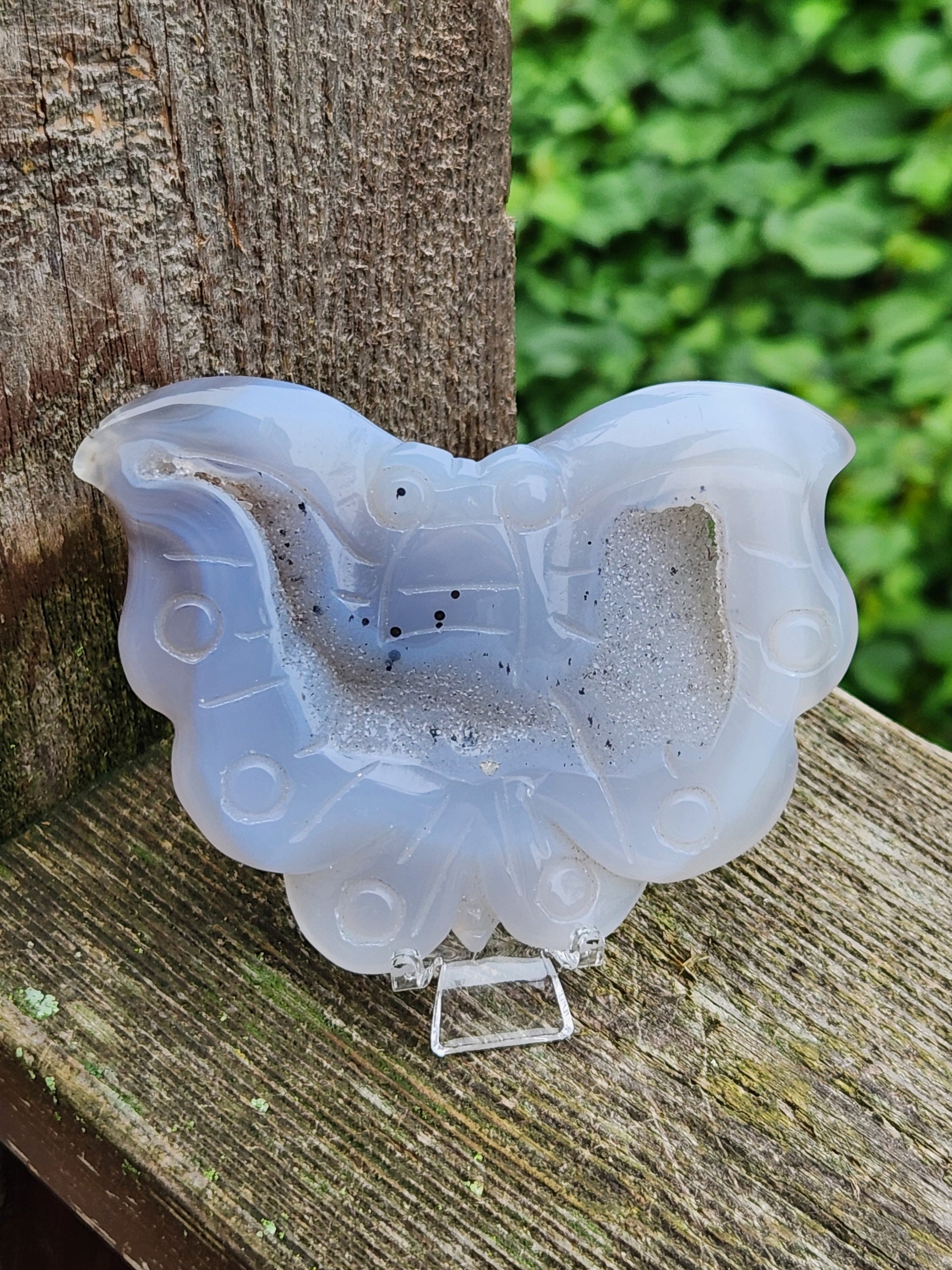 Carved Druzy Agate Crystal Butterfly with Stand
