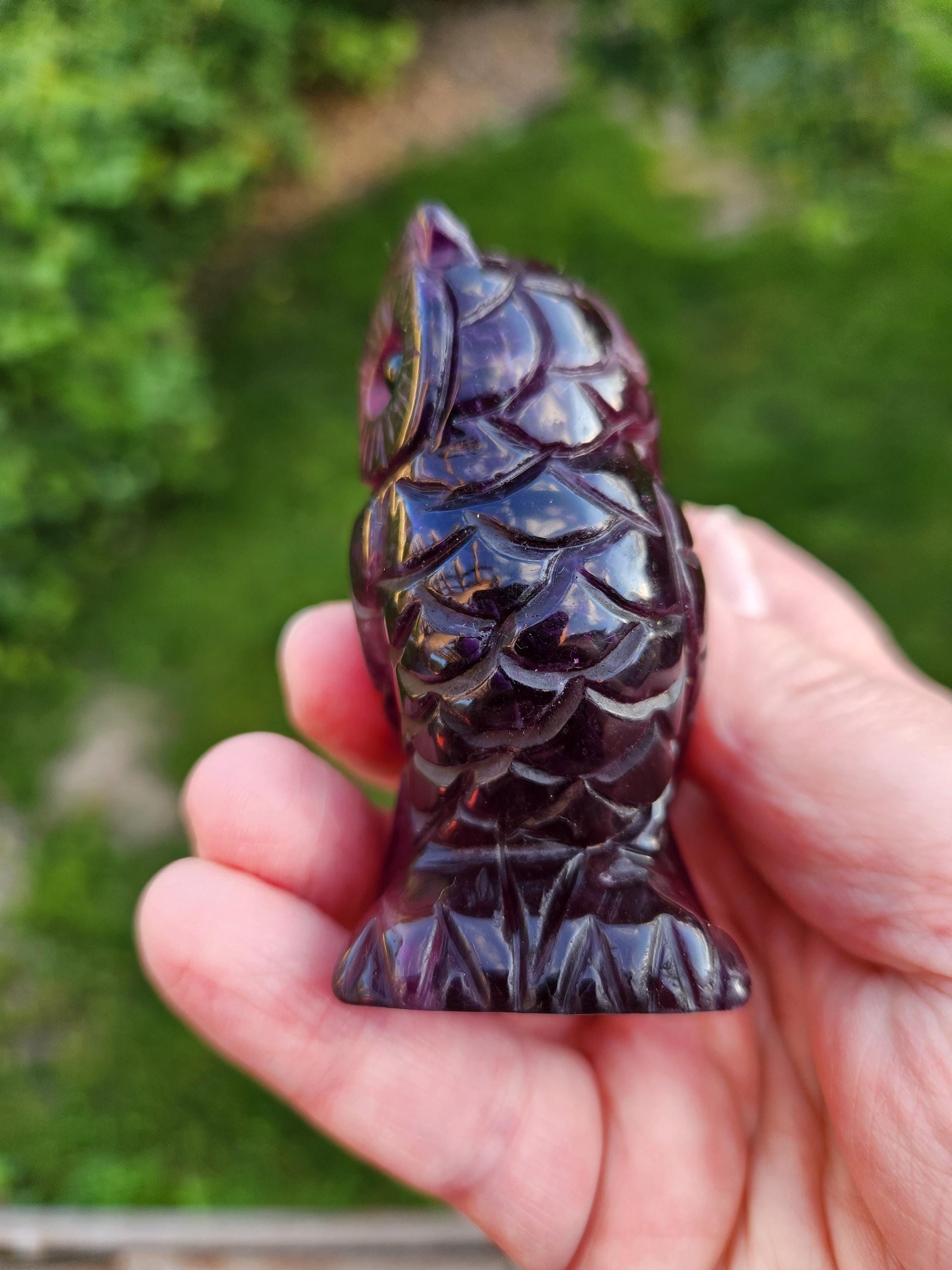 Beautiful Dark Purple Carved Fluorite Crystal Owl Natural Stone, lots of detail