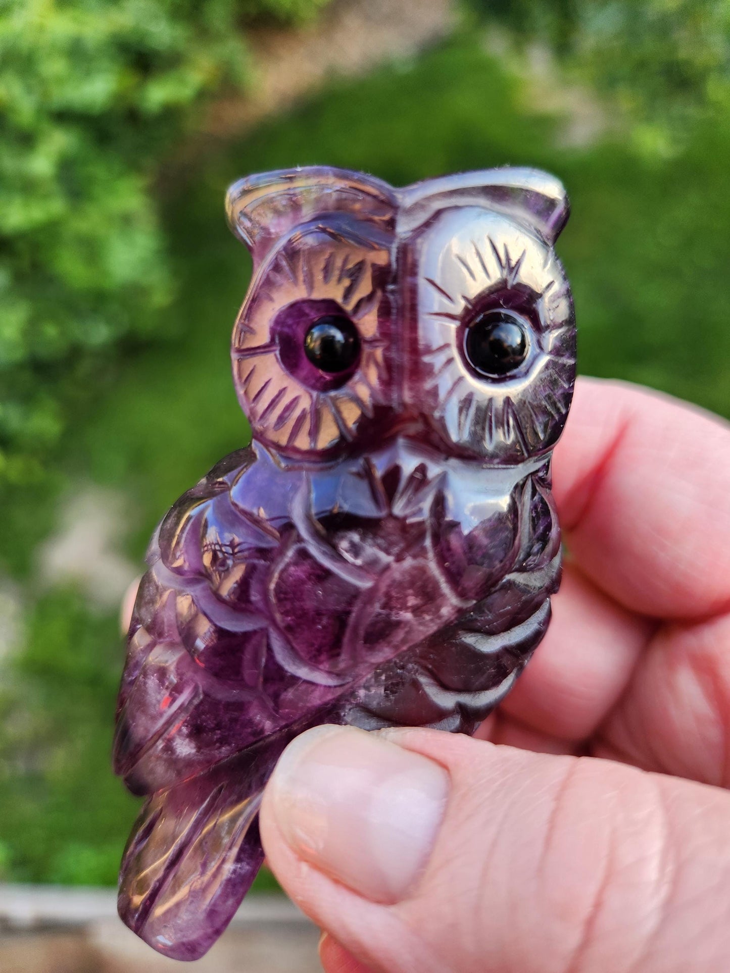 Beautiful Dark Purple Carved Fluorite Crystal Owl Natural Stone, lots of detail