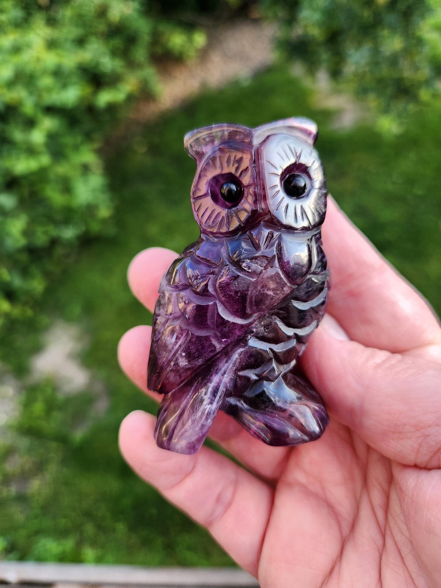 Beautiful Dark Purple Carved Fluorite Crystal Owl Natural Stone, lots of detail