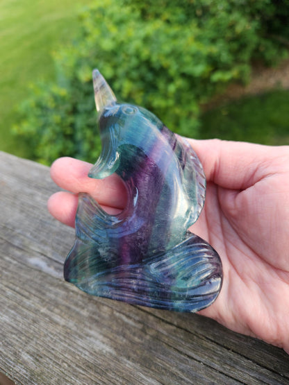 Carved Candy Fluorite Crystal Narwhal: Natural Stone Sculpture