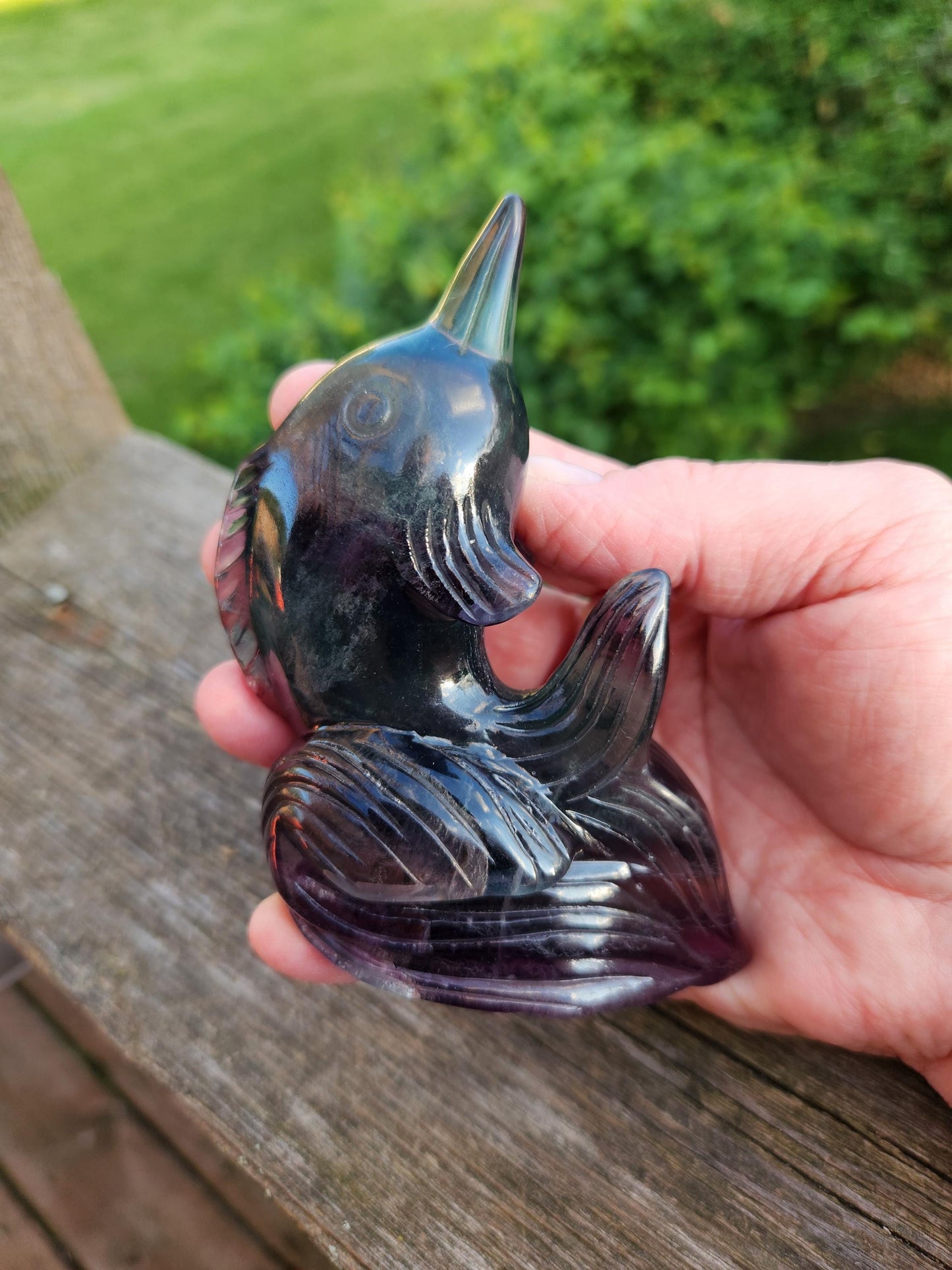 Carved Candy Fluorite Crystal Narwhal: Natural Stone Sculpture