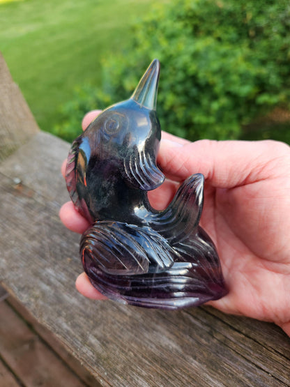 Carved Candy Fluorite Crystal Narwhal: Natural Stone Sculpture