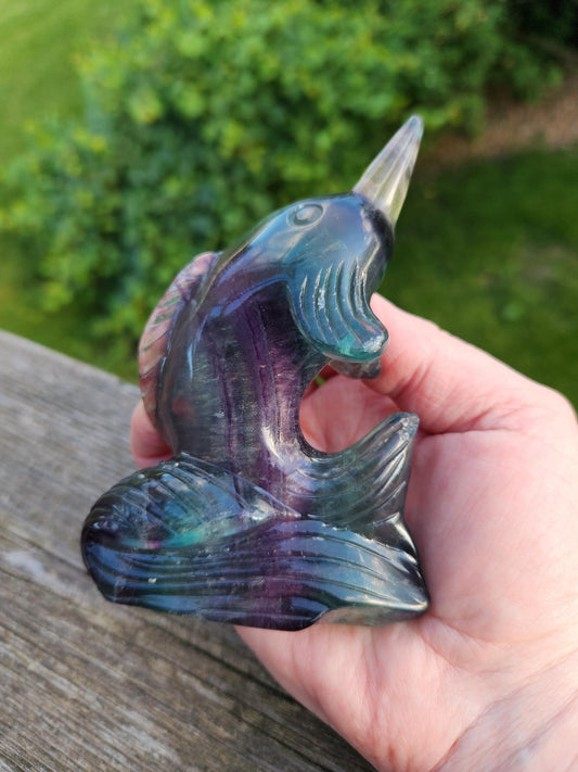 Beautiful Carved Candy Fluorite Crystal Narwhal Natural Stone, So Colorful, Unique