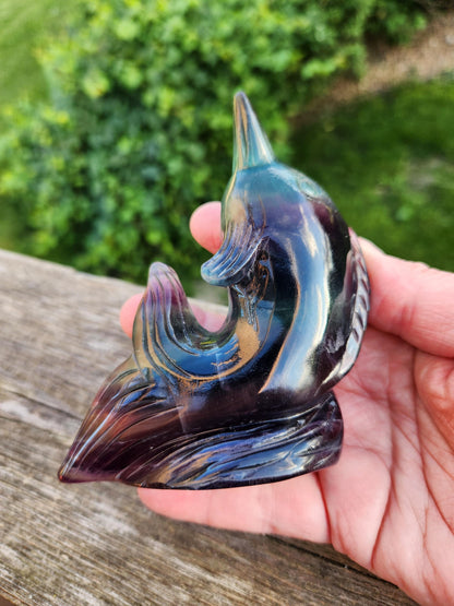 Carved Candy Fluorite Crystal Narwhal: Natural Stone Sculpture