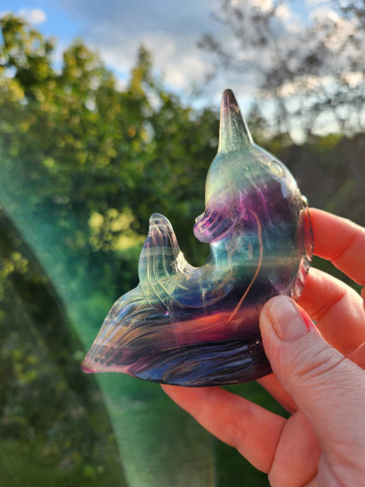 Beautiful Carved Candy Fluorite Crystal Narwhal Natural Stone, So Colorful, Unique