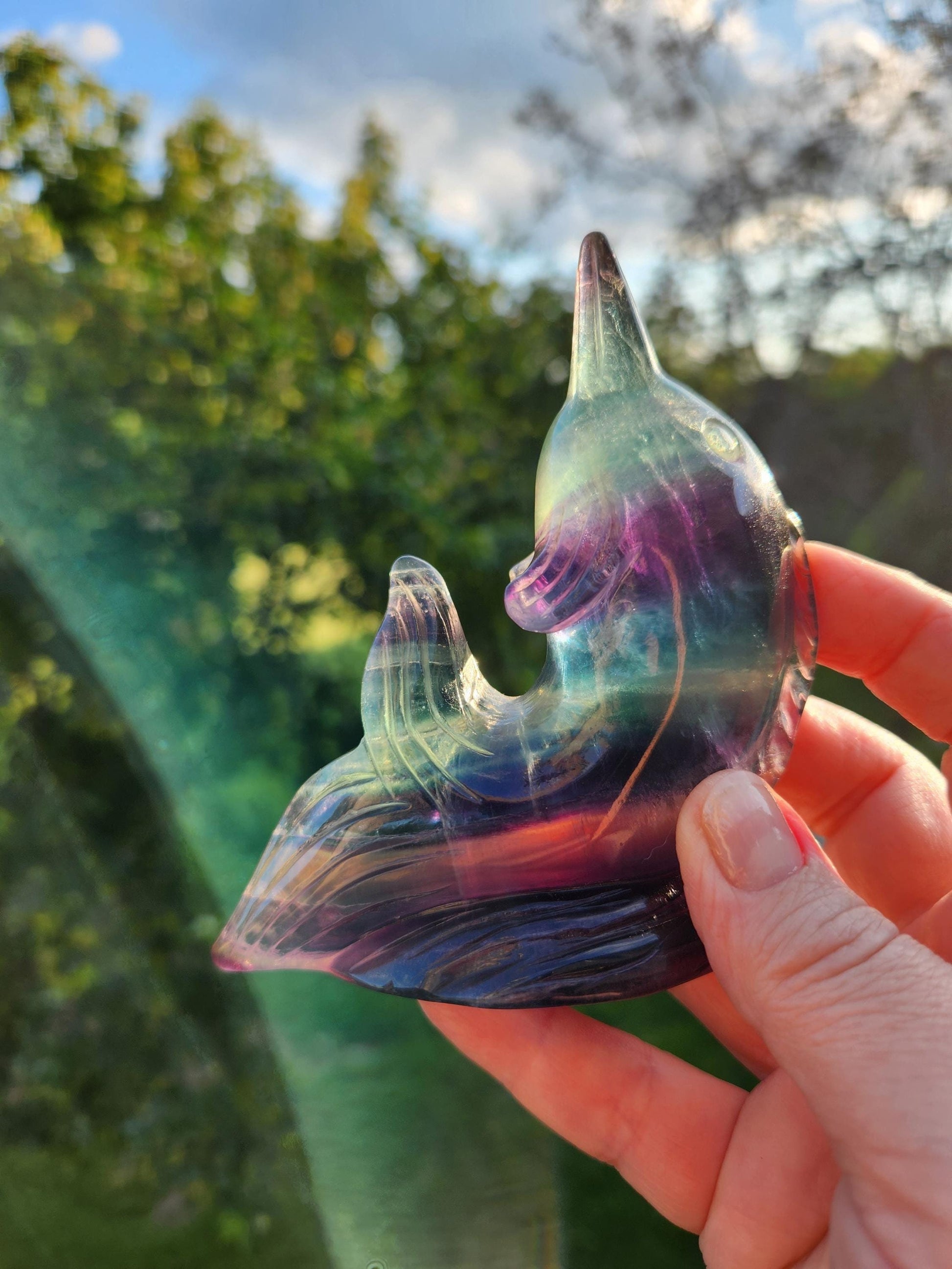 Carved Candy Fluorite Crystal Narwhal: Natural Stone Sculpture