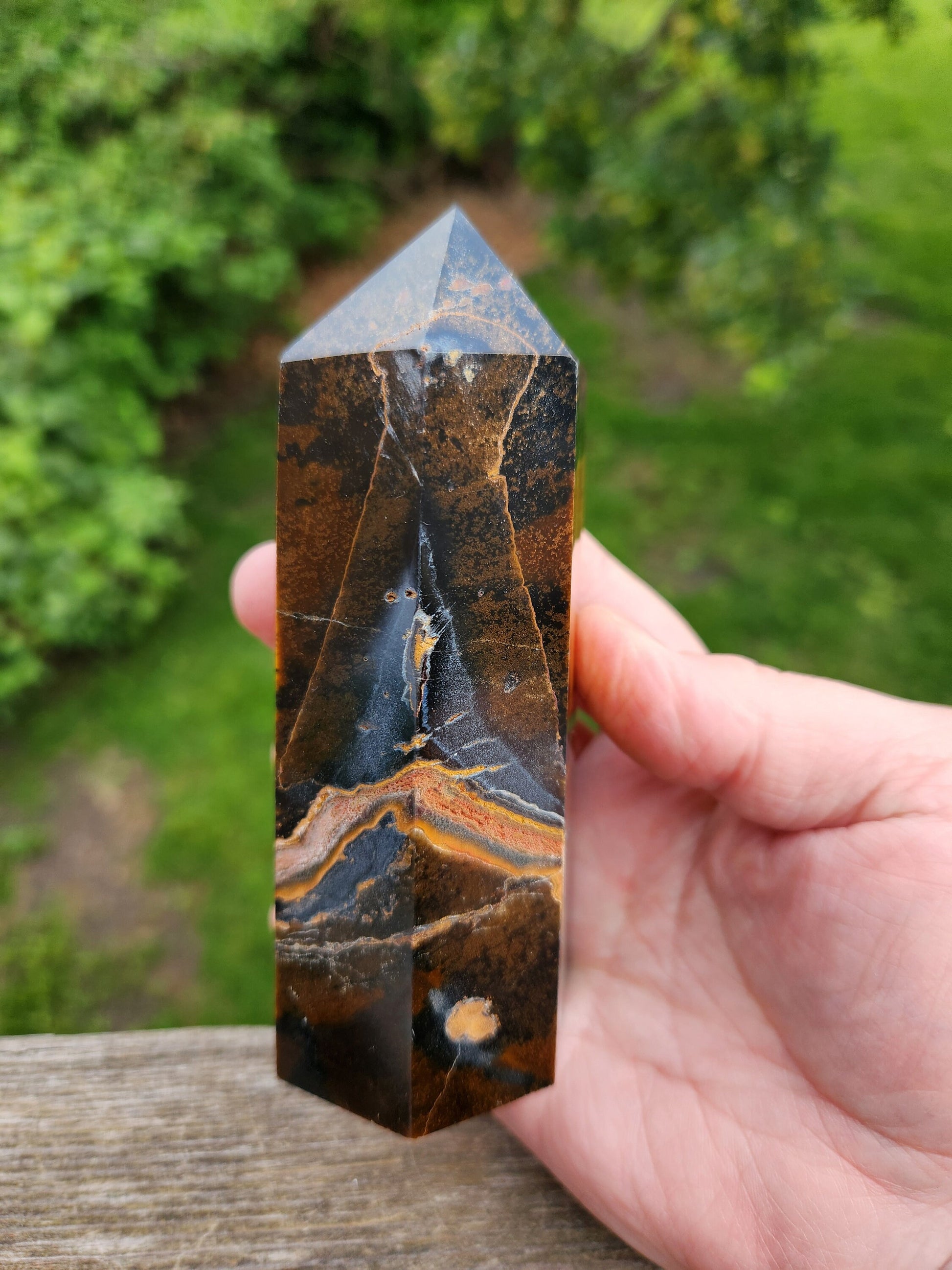 Gorgeous Juicy Blue Tigers Eye Tower Crystal, Stone with Golden Shimmer, 6 Point, Generator