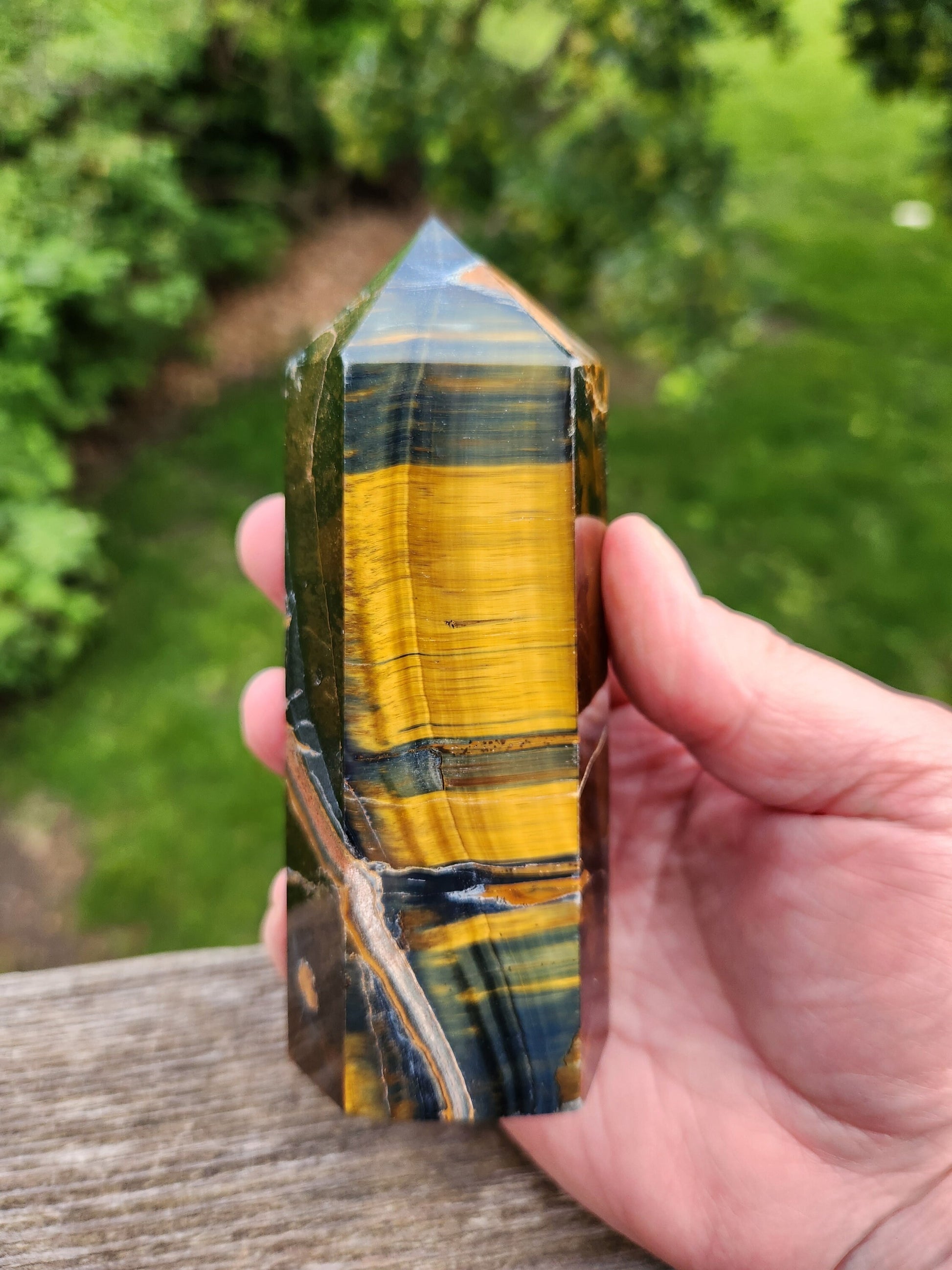 Gorgeous Juicy Blue Tigers Eye Tower Crystal, Stone with Golden Shimmer, 6 Point, Generator