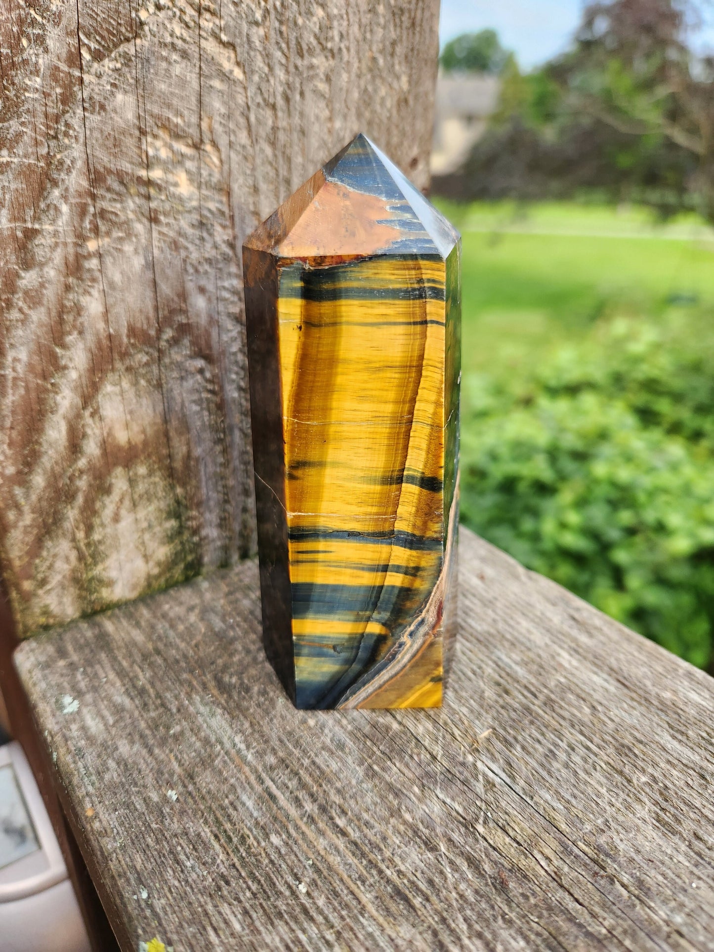 Gorgeous Juicy Blue Tigers Eye Tower Crystal, Stone with Golden Shimmer, 6 Point, Generator